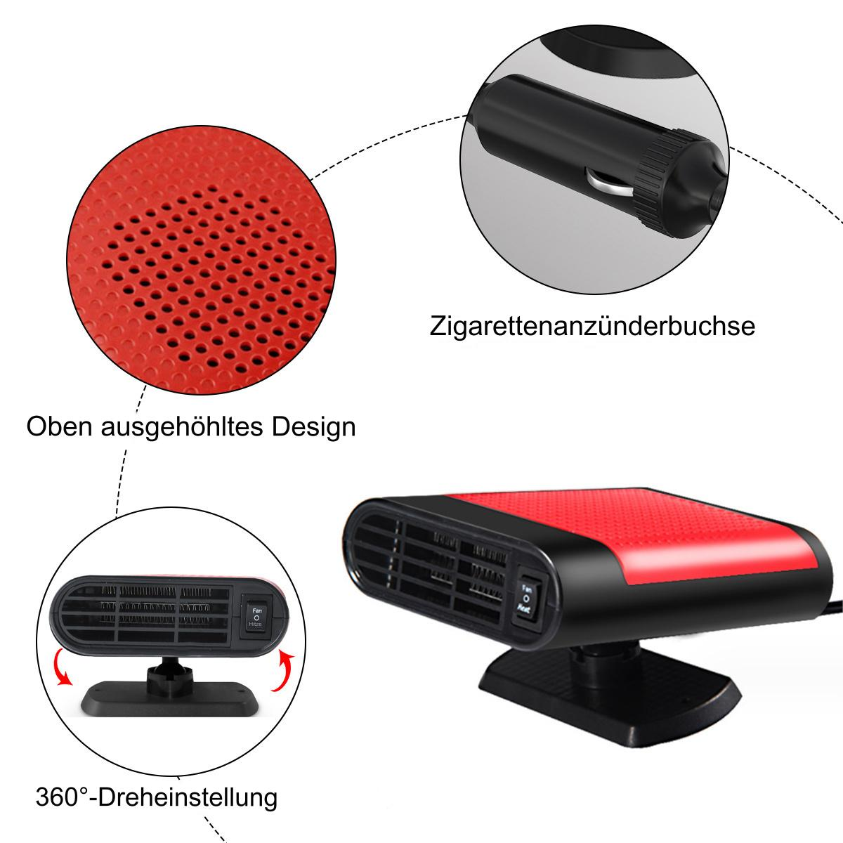 Eine rot-schwarze Autoheizung mit Diagrammen, die Merkmale und Funktionen zeigen.
