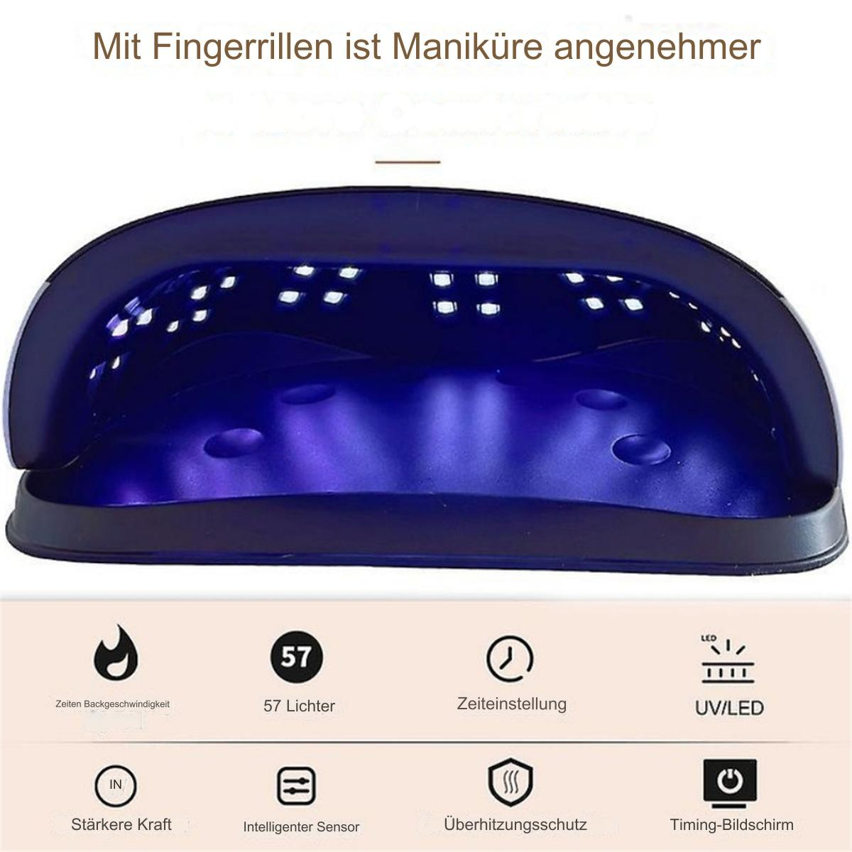 Blaue Nagellampe mit Funktionssymbolen. Sie hat ein gebogenes Design.