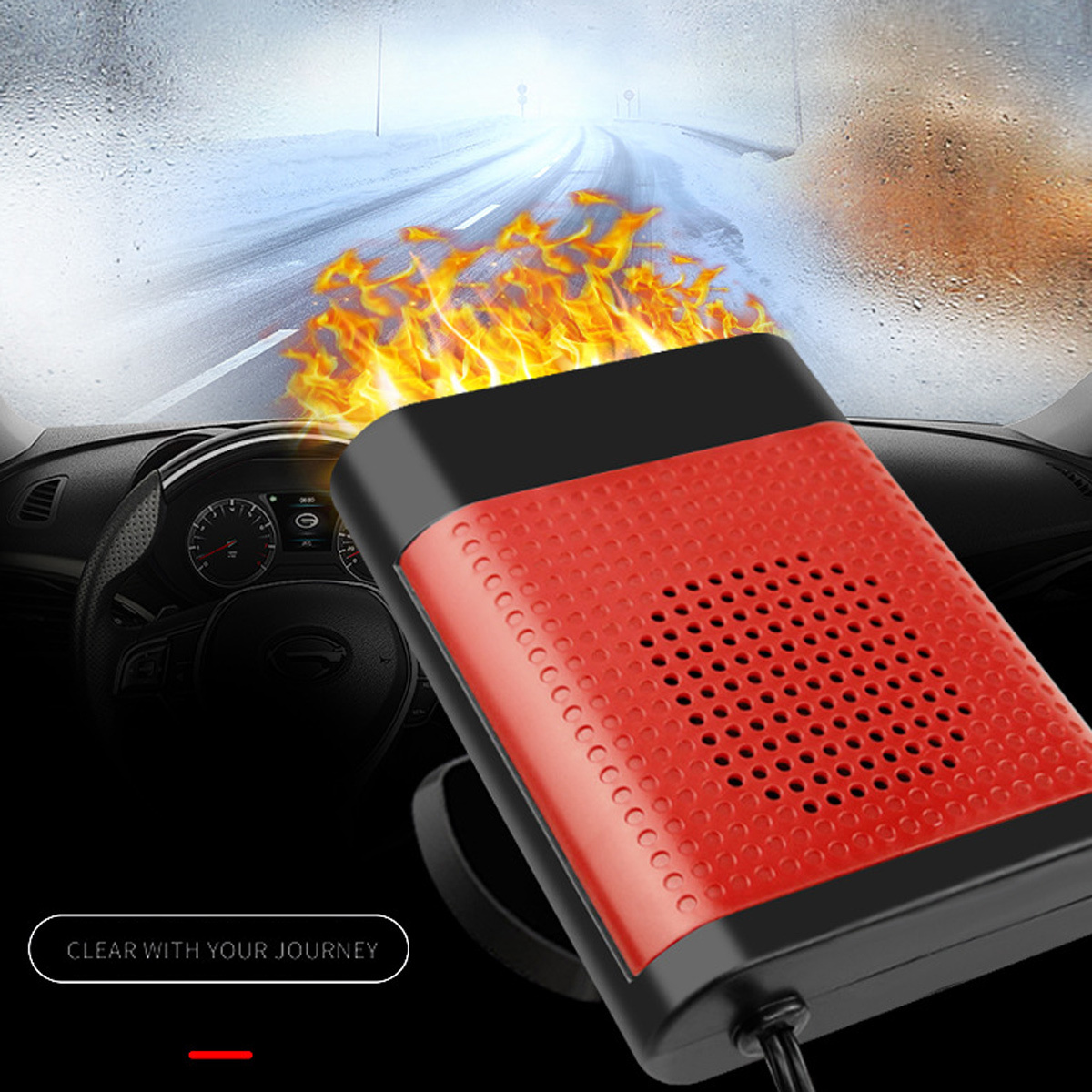 Ein rotes Gerät mit schwarzem Deckel. Flammen im Hintergrund und ein Armaturenbrett.