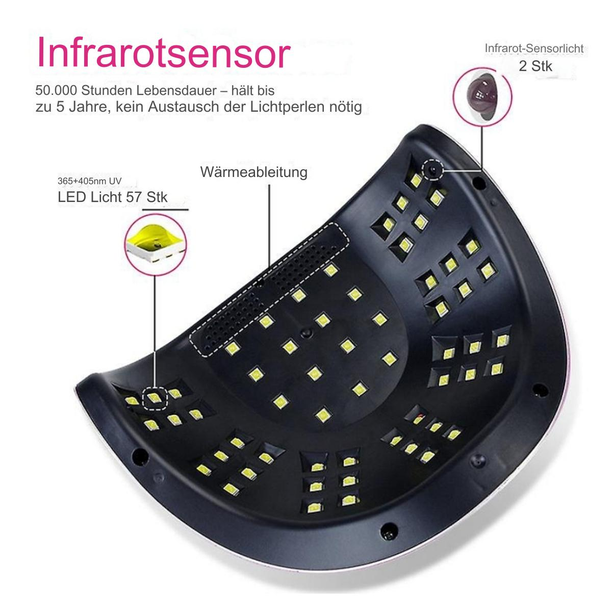 Eine Nagellampe mit LED-Leuchten und Infrarotsensor, schwarz und weiß, Nahansicht.