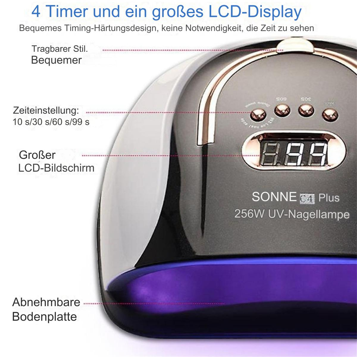 Eine Nagellampe mit digitaler Anzeige und Knöpfen, mit deutschen Beschriftungen.