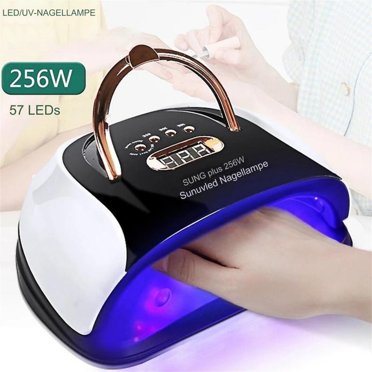 UV-Nagellampe mit Hand darin, Digitalanzeige. Aufschrift: 256W, 57 LEDs.