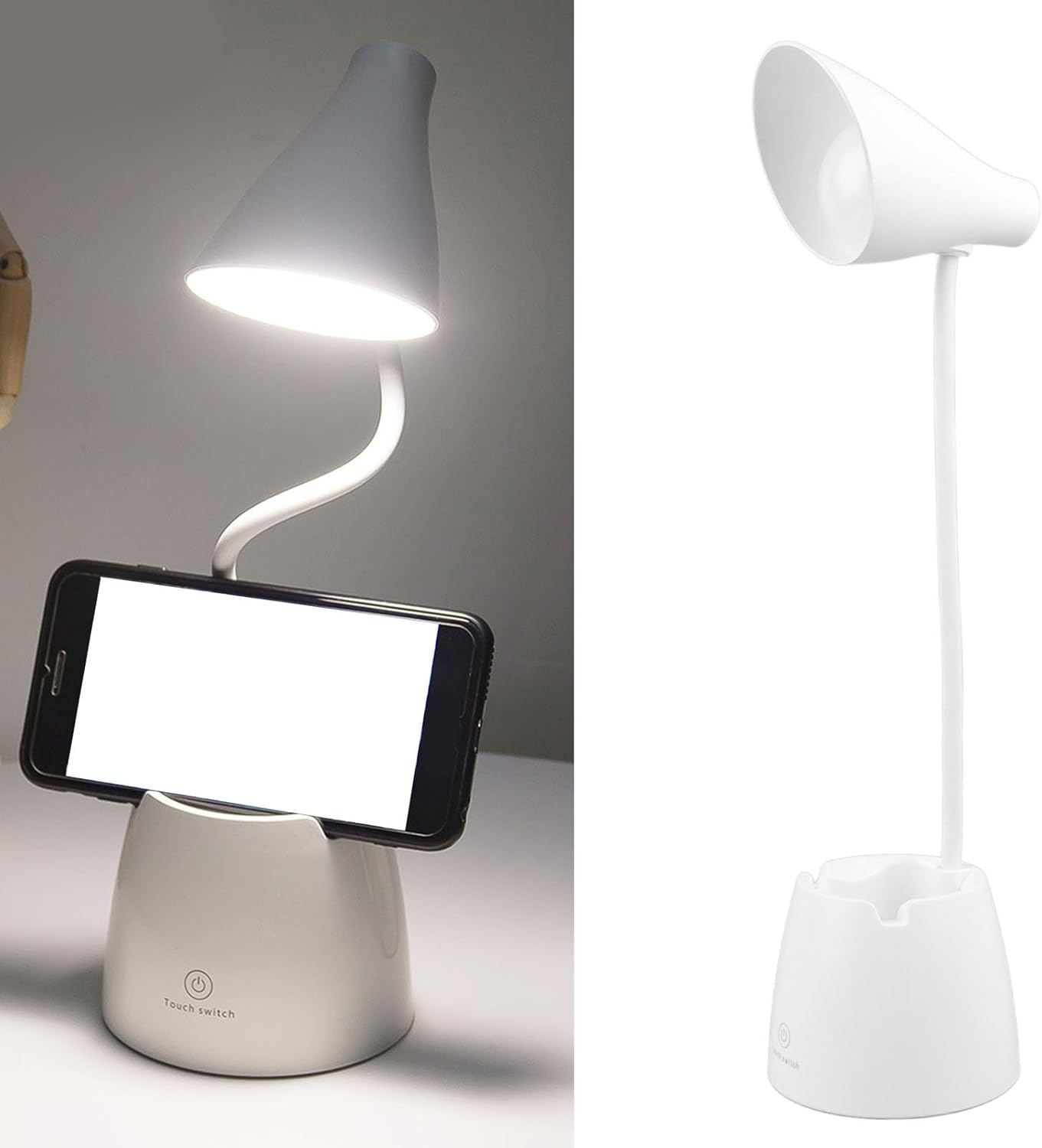 Weiße Schreibtischlampe mit Telefonhalter, beleuchtet. Touch-Schalter am Sockel. Helles Licht.