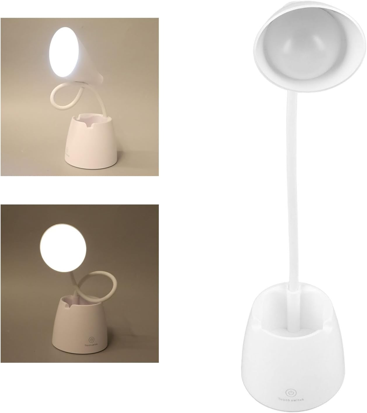 Weiße Schreibtischlampe mit Stifthalter, Licht an. Weißer Hintergrund.