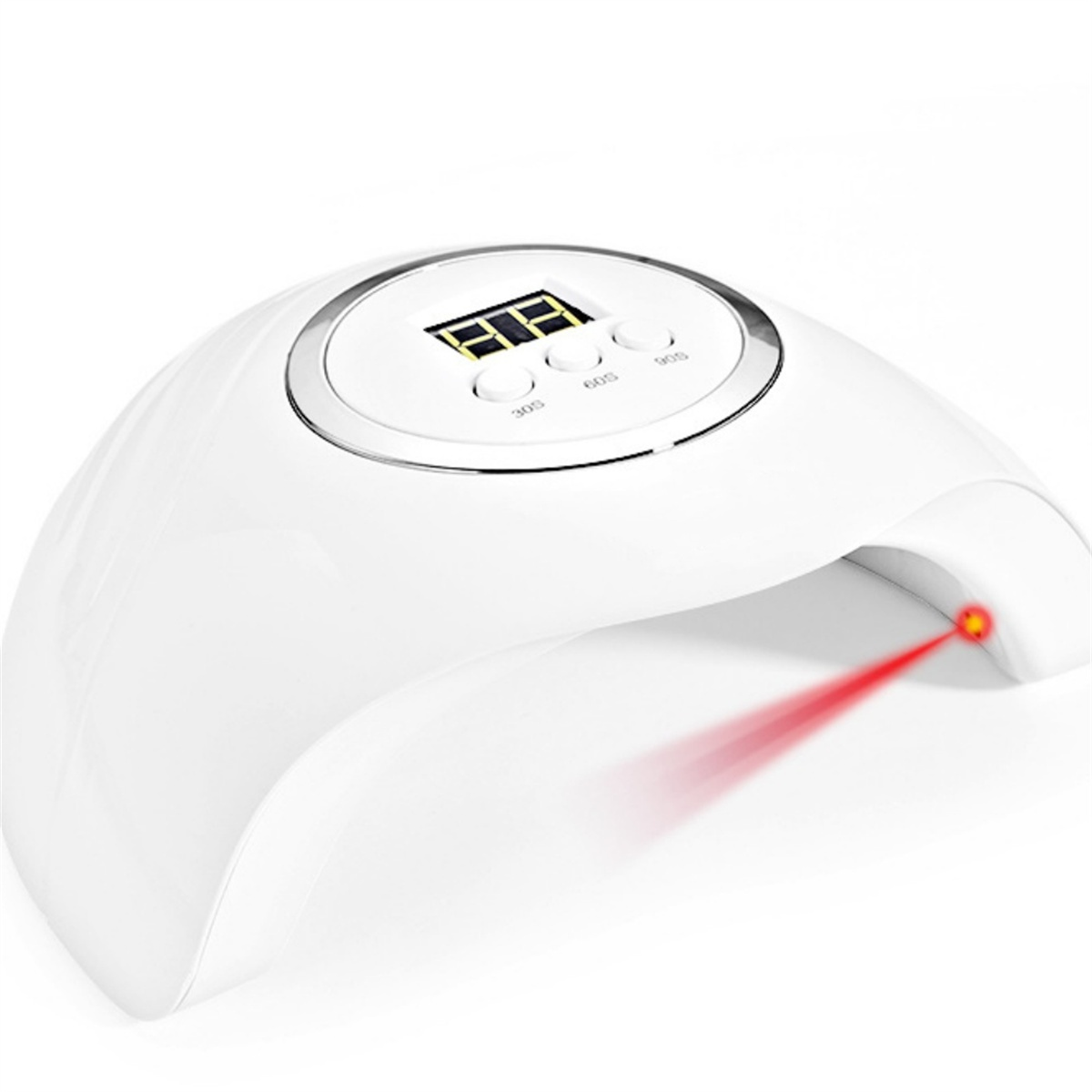 Weißer Nageltrockner mit Digitalanzeige, rotem Lichtstrahl und Bedientasten.