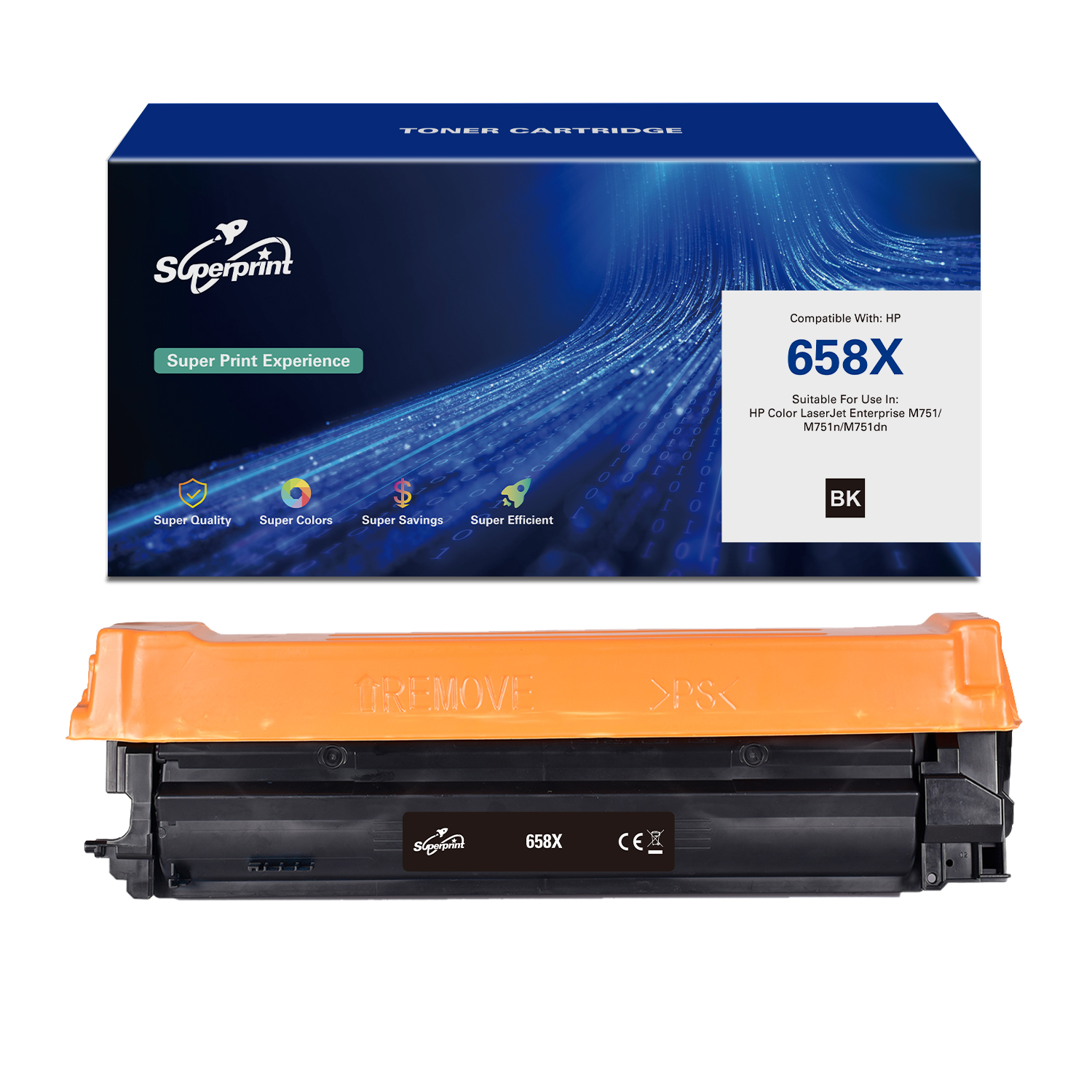Een tonercartridge doos en cartridge. De doos heeft een logo en tekst. De cartridge is oranje en zwart.