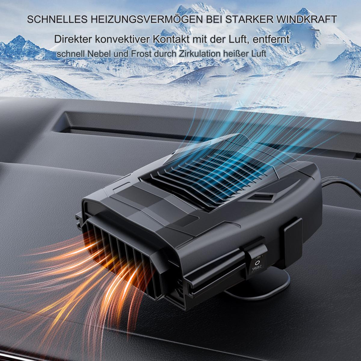 Autoheizung mit Text über Luftzirkulation und Bergkulisse.