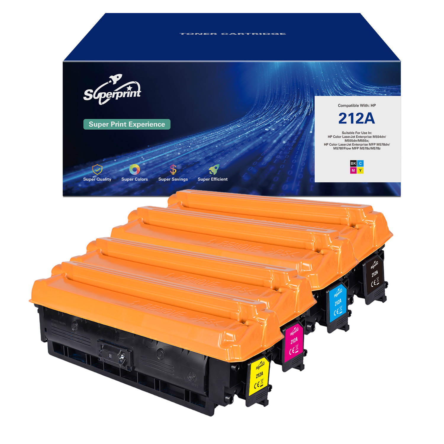 Four orange toner cartridges with black, cyan, magenta and yellow colors, and a box.