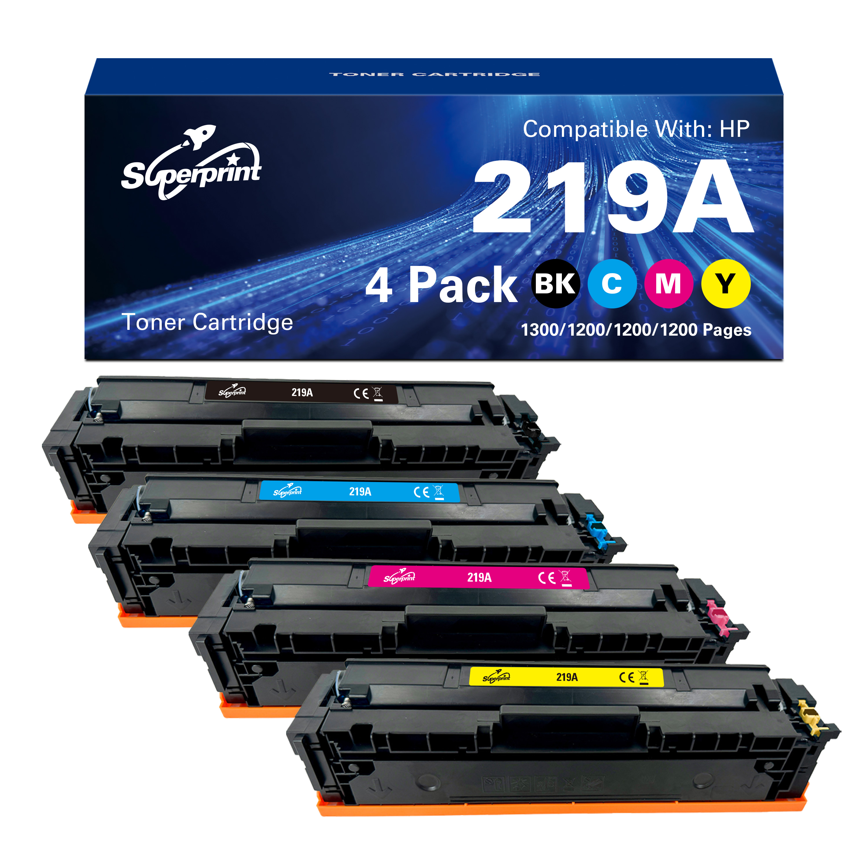 Vier tonercartridges in verschillende kleuren, met een blauwe doos erboven.