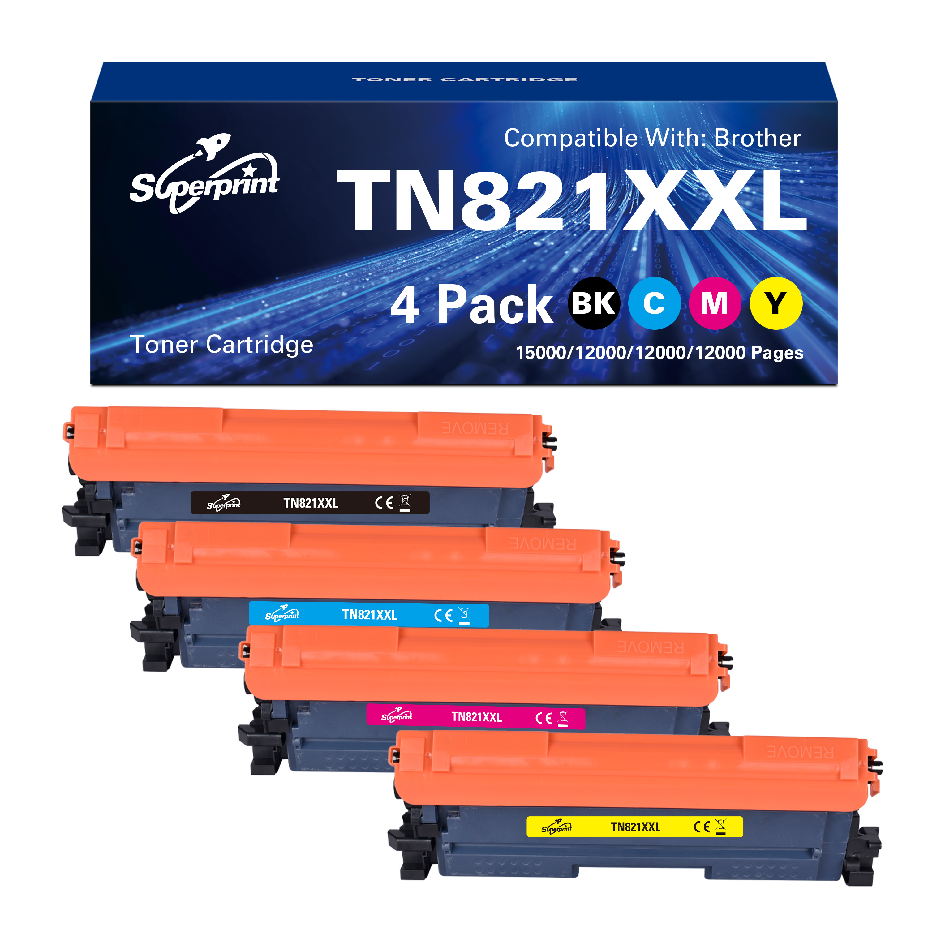 Tonercartridges in oranje en zwart met kleurlabels. Er staat een doos boven. Achtergrond is wit.
