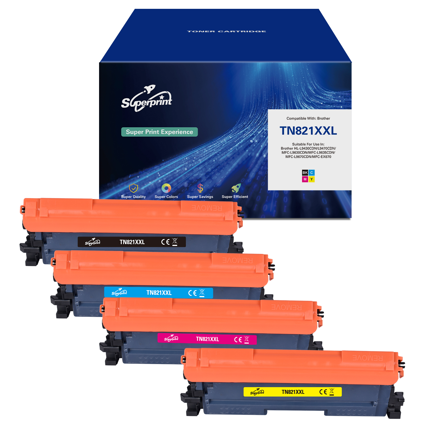 Vijf tonercartridges in oranje en diverse kleuren, met een blauwe doos bovenop.