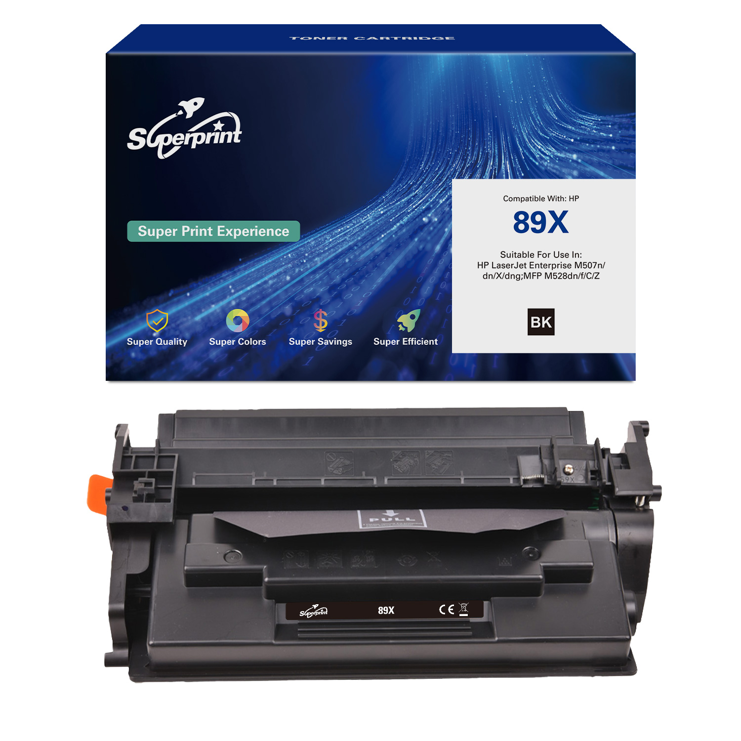 Zwarte tonercartridge doos met cartridge. Tekst: Super Print Experience.