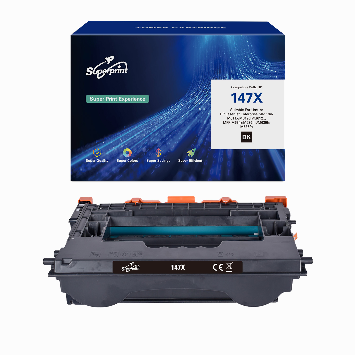 Een tonercartridgebox en -cartridge. De doos is blauw en zwart, de cartridge is zwart en oranje.