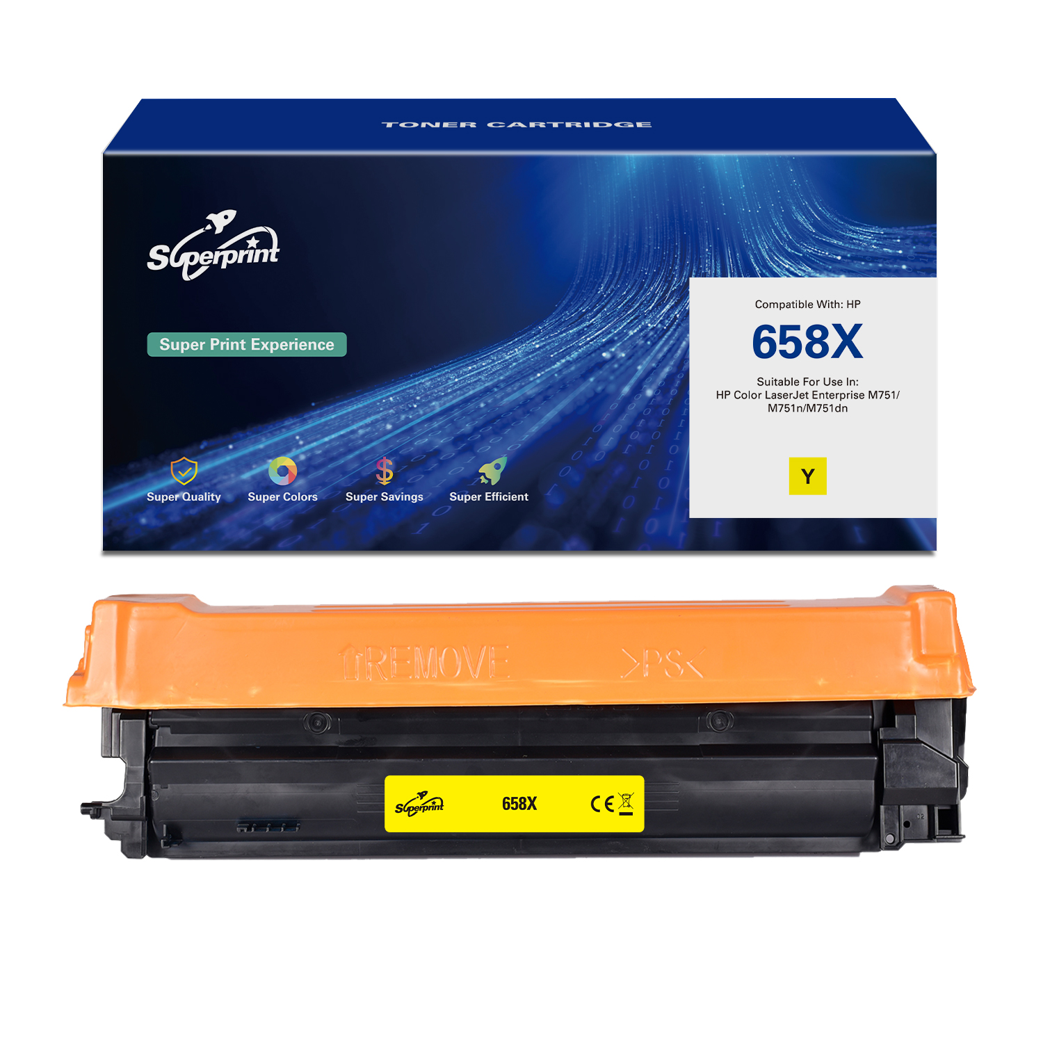Een gele tonercartridge in een doos met de merknaam Superprint. Doos en cartridge zijn zichtbaar.