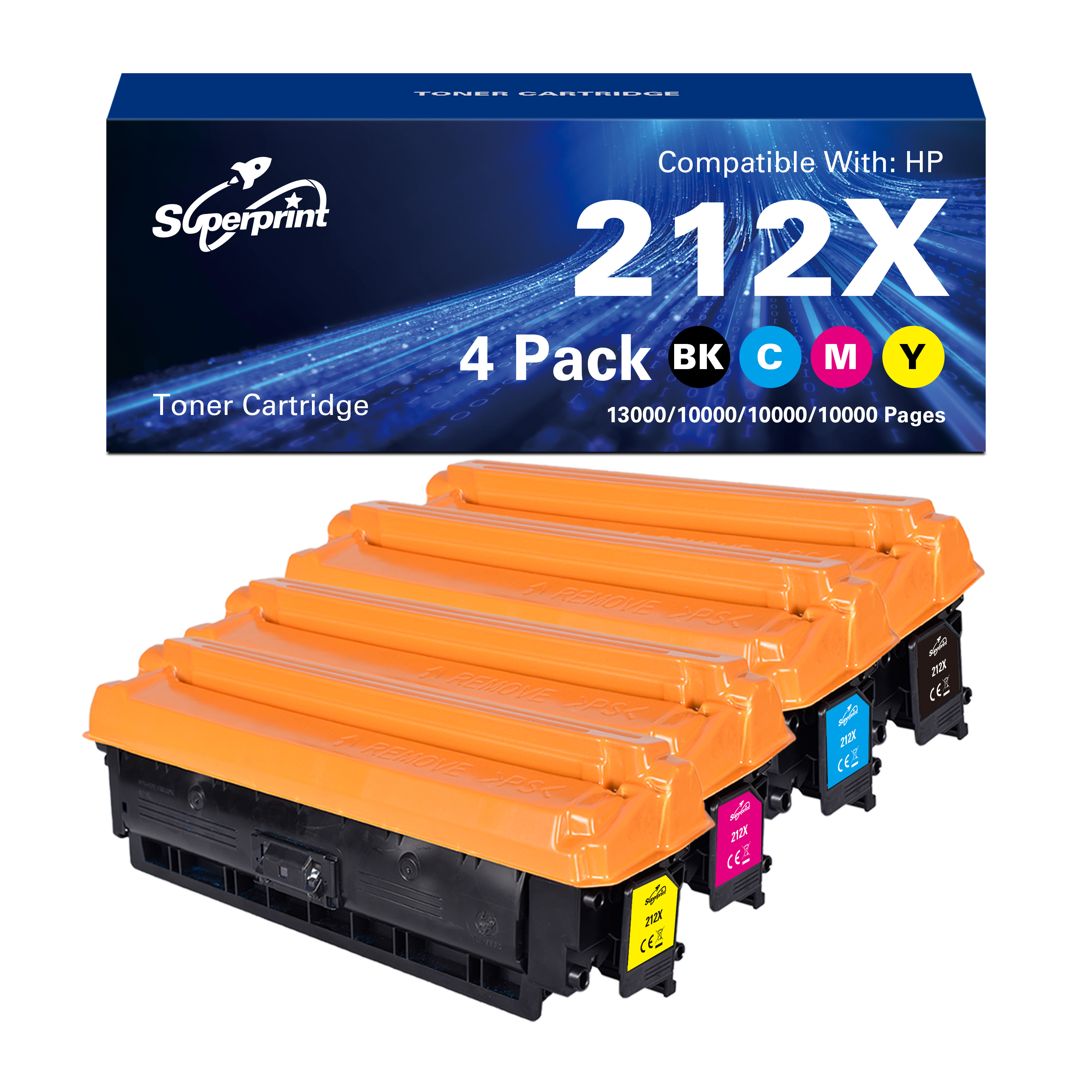 Tonercartridges, zwart, cyaan, magenta en geel, in een oranje verpakking.