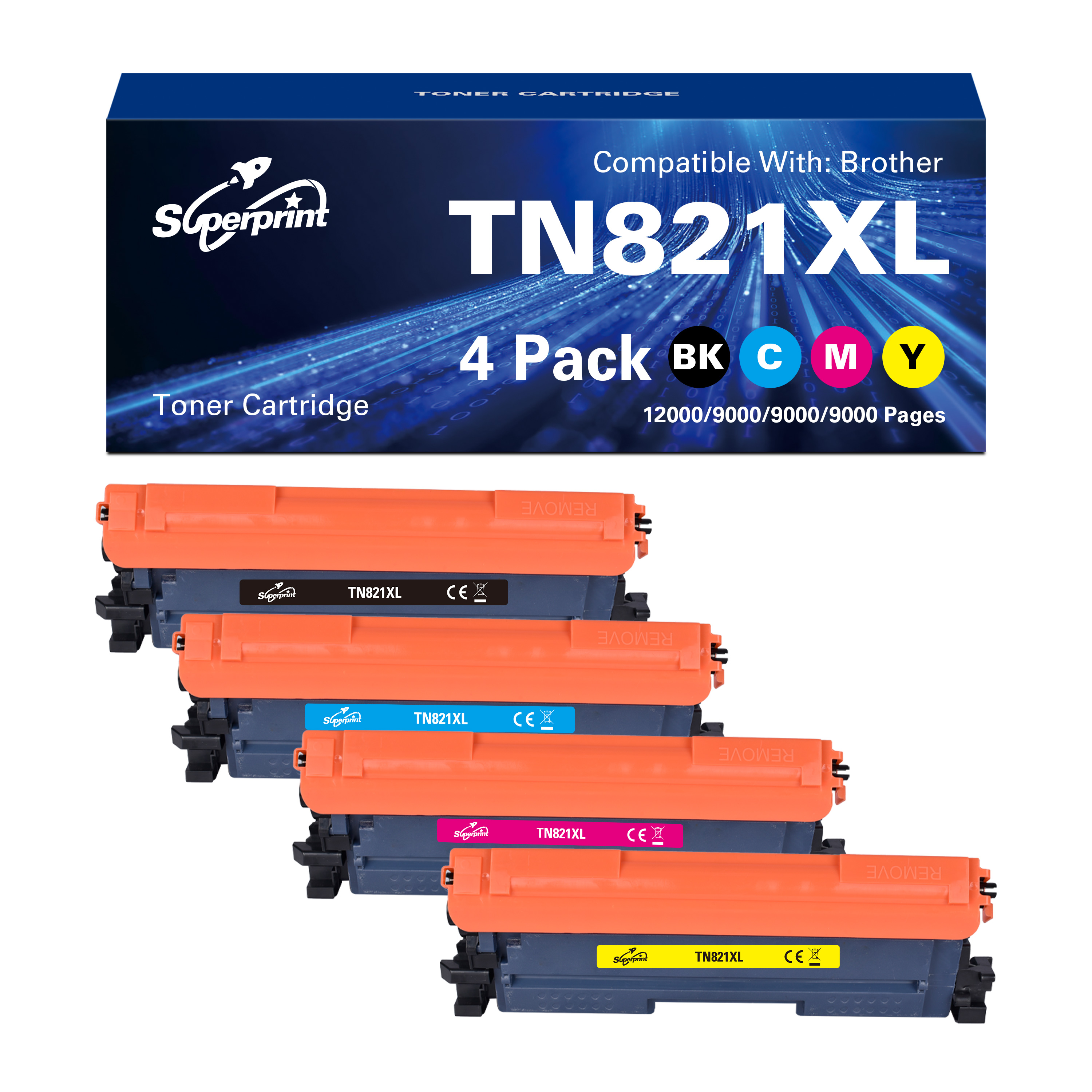 Vier tonercartridges in oranje hoesjes, met een doosje erboven.