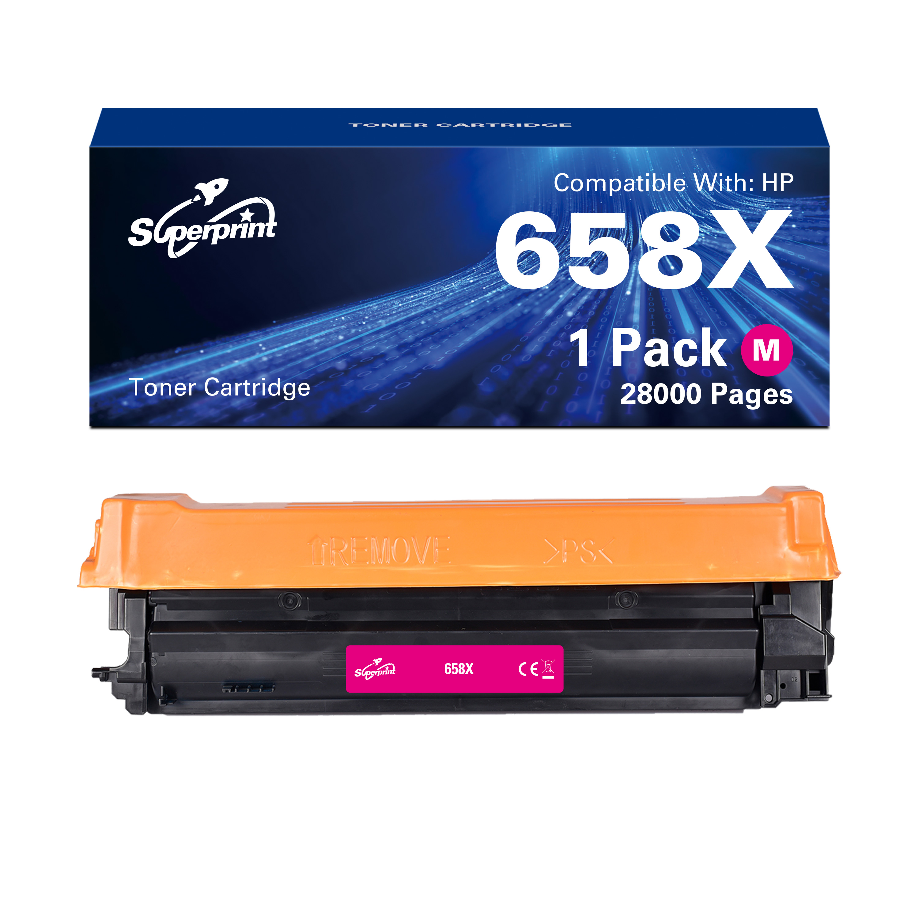 Tonercartridge en doos. Doos zegt '658X' en 'Superprint'. Cartridge is oranje en roze.