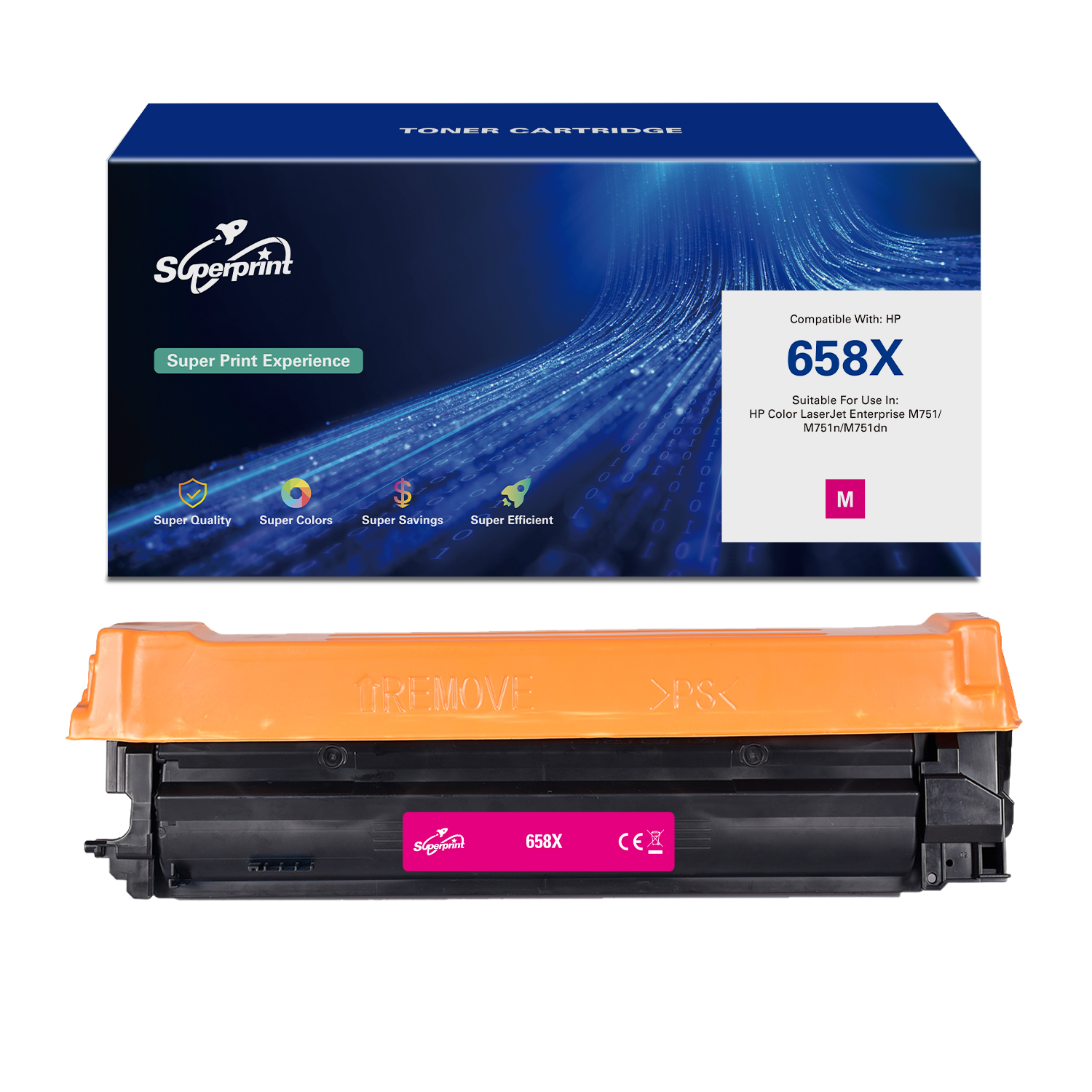 Tonercartridge in een doos. De cartridge is oranje en zwart met de tekst '658X'. Witte achtergrond.