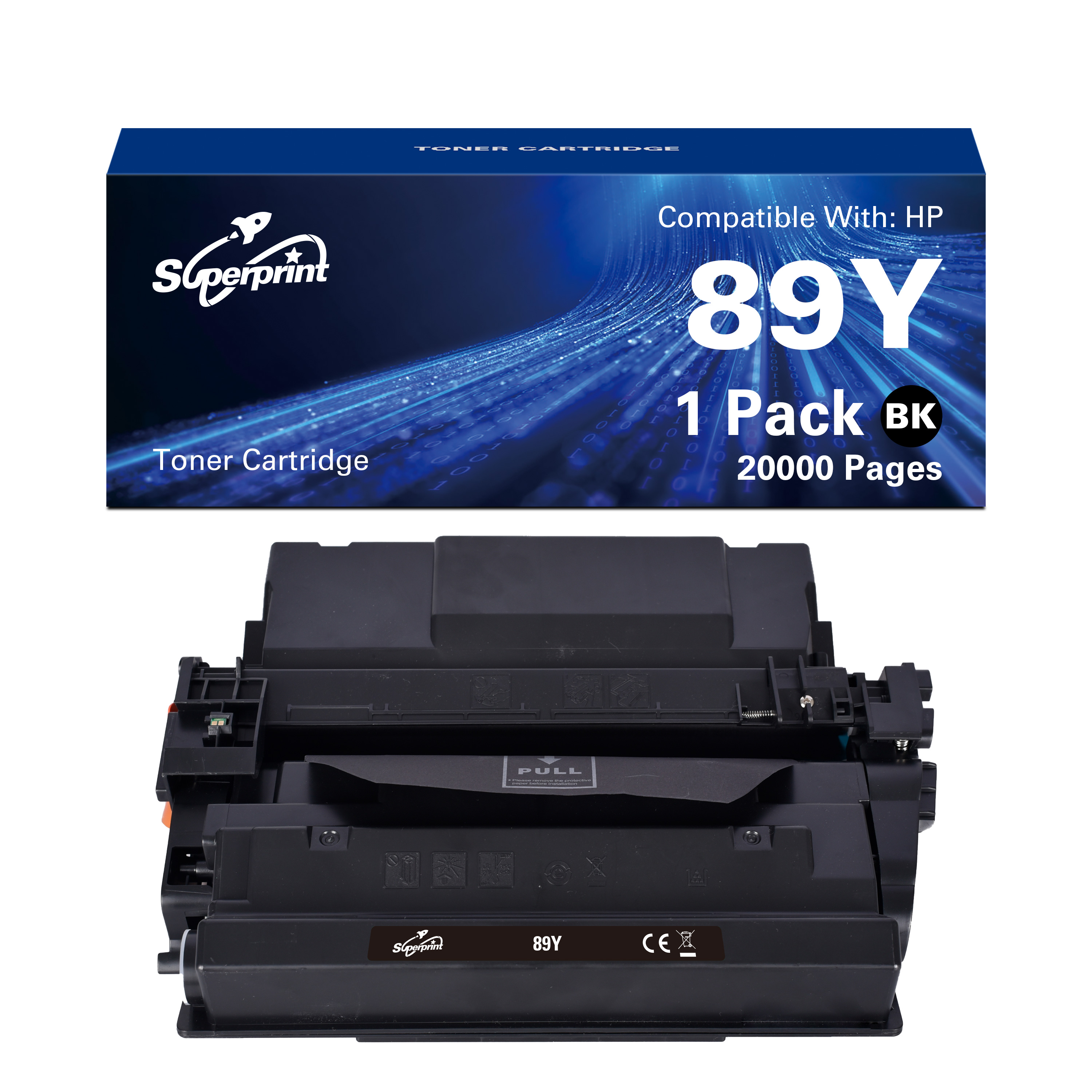 Een zwarte tonercartridge en een doos liggen op een wit oppervlak. De doos heeft een blauw ontwerp en zegt "89Y".