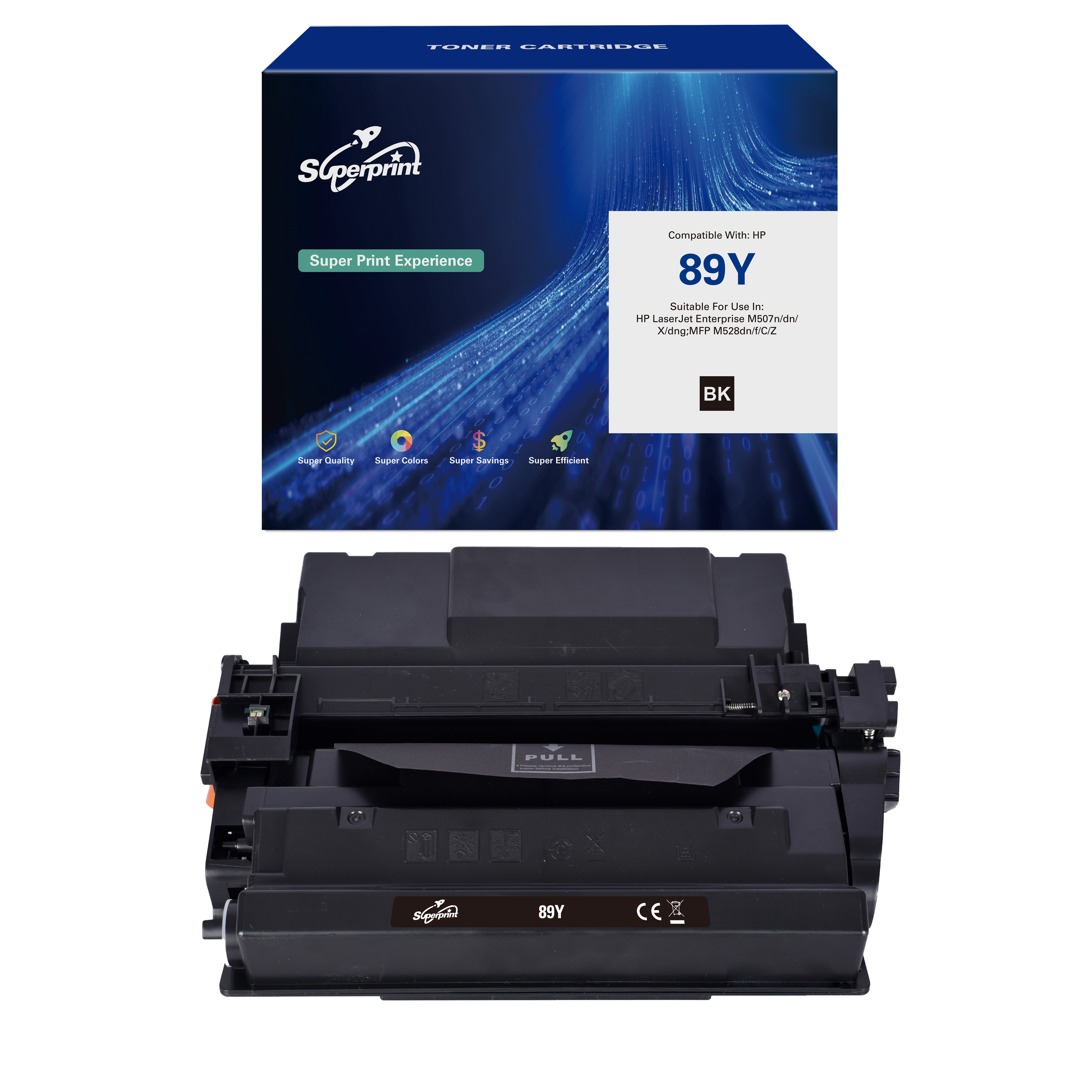 Een tonercartridgebox en cartridge, met de cartridge onder de doos op een witte achtergrond.