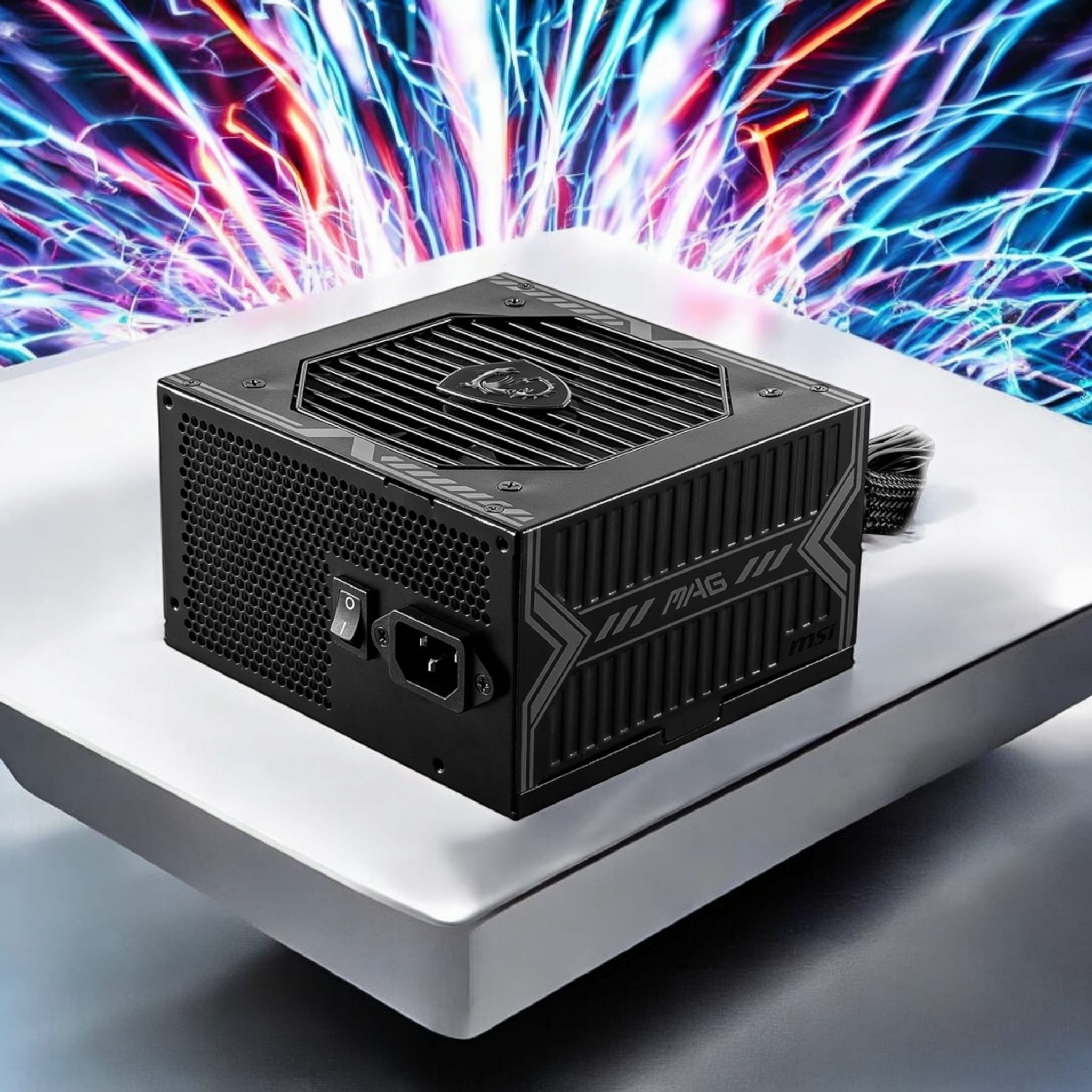 Una fuente de alimentación MSI negra sobre una superficie blanca, con un efecto eléctrico colorido.