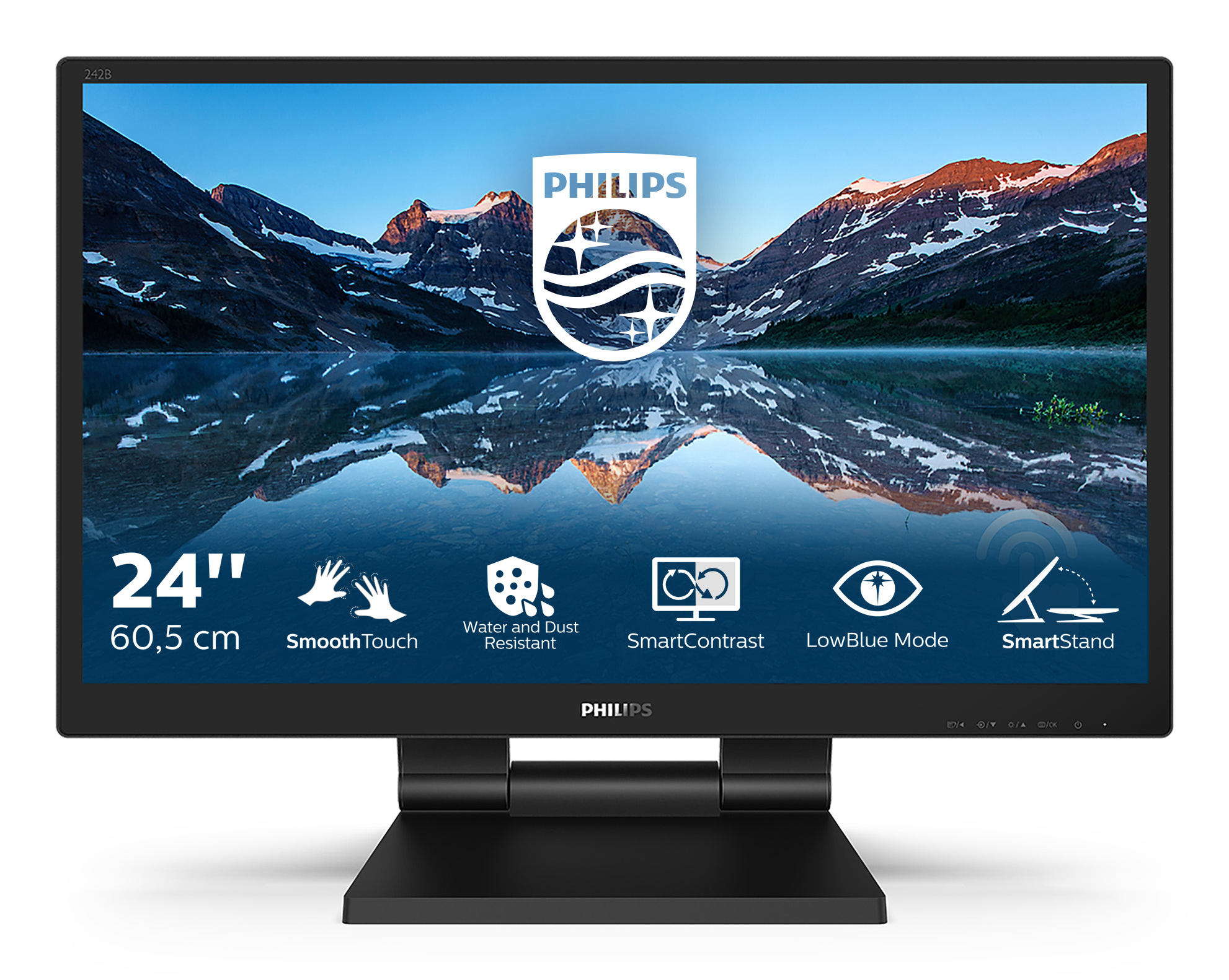 Czarny 24-calowy monitor Philips z obrazem gór. Funkcje obejmują Smooth Touch, Low Blue Mode i Smart Stand.