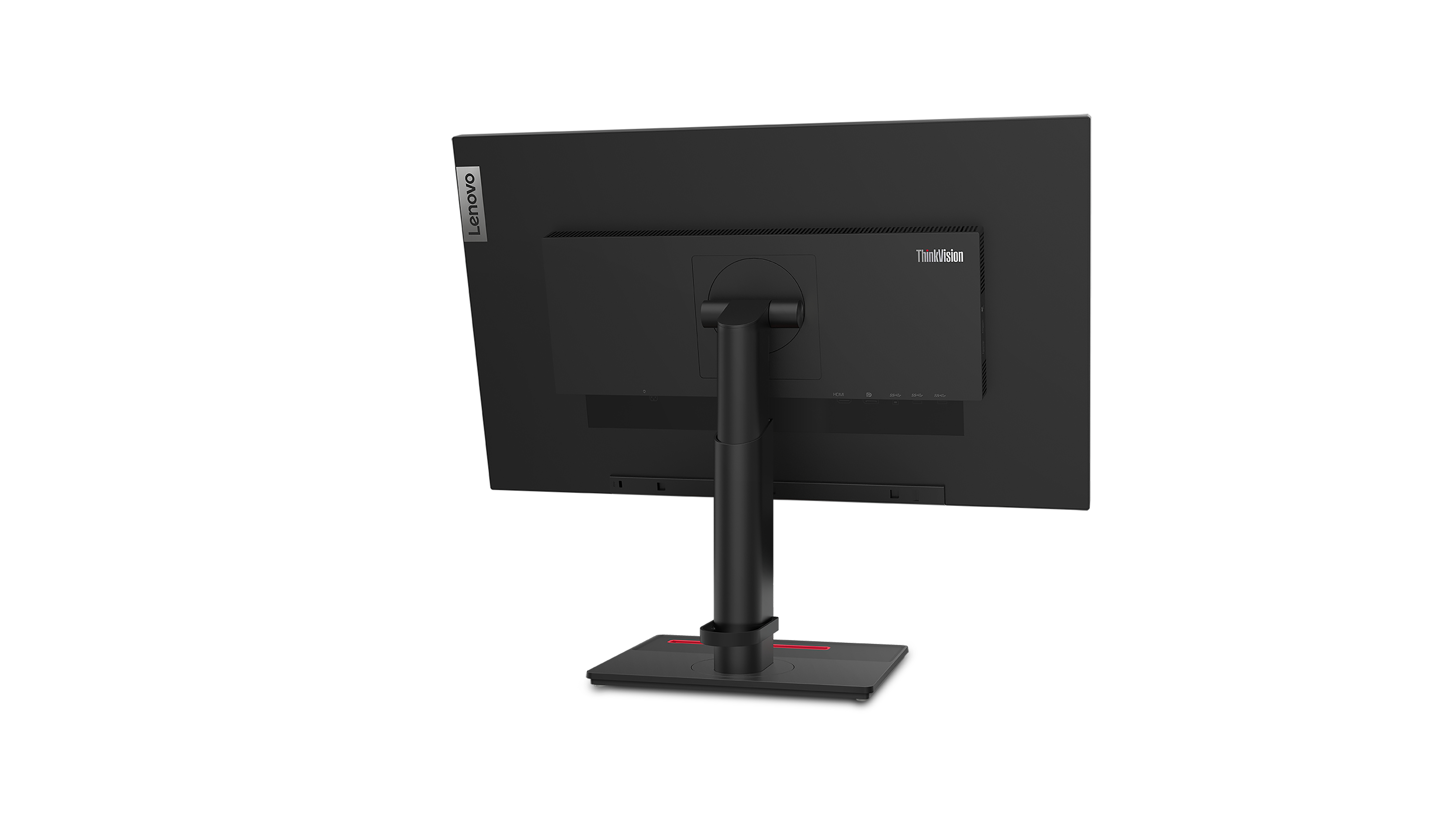 The back of a black Lenovo monitor with a stand, showing ports and the ThinkVision logo.