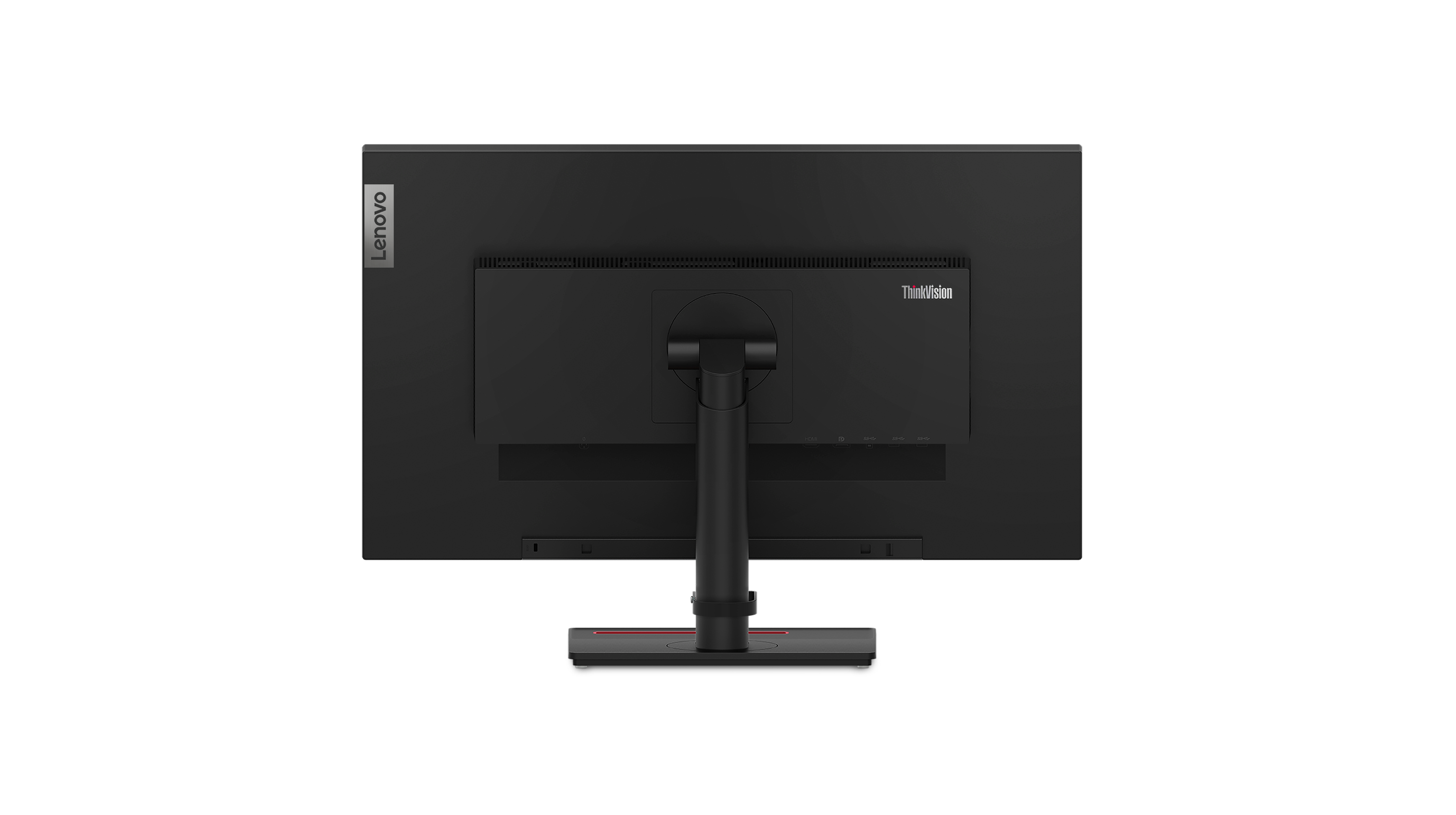 Back view of a Lenovo ThinkVision monitor, showing the stand and ports.