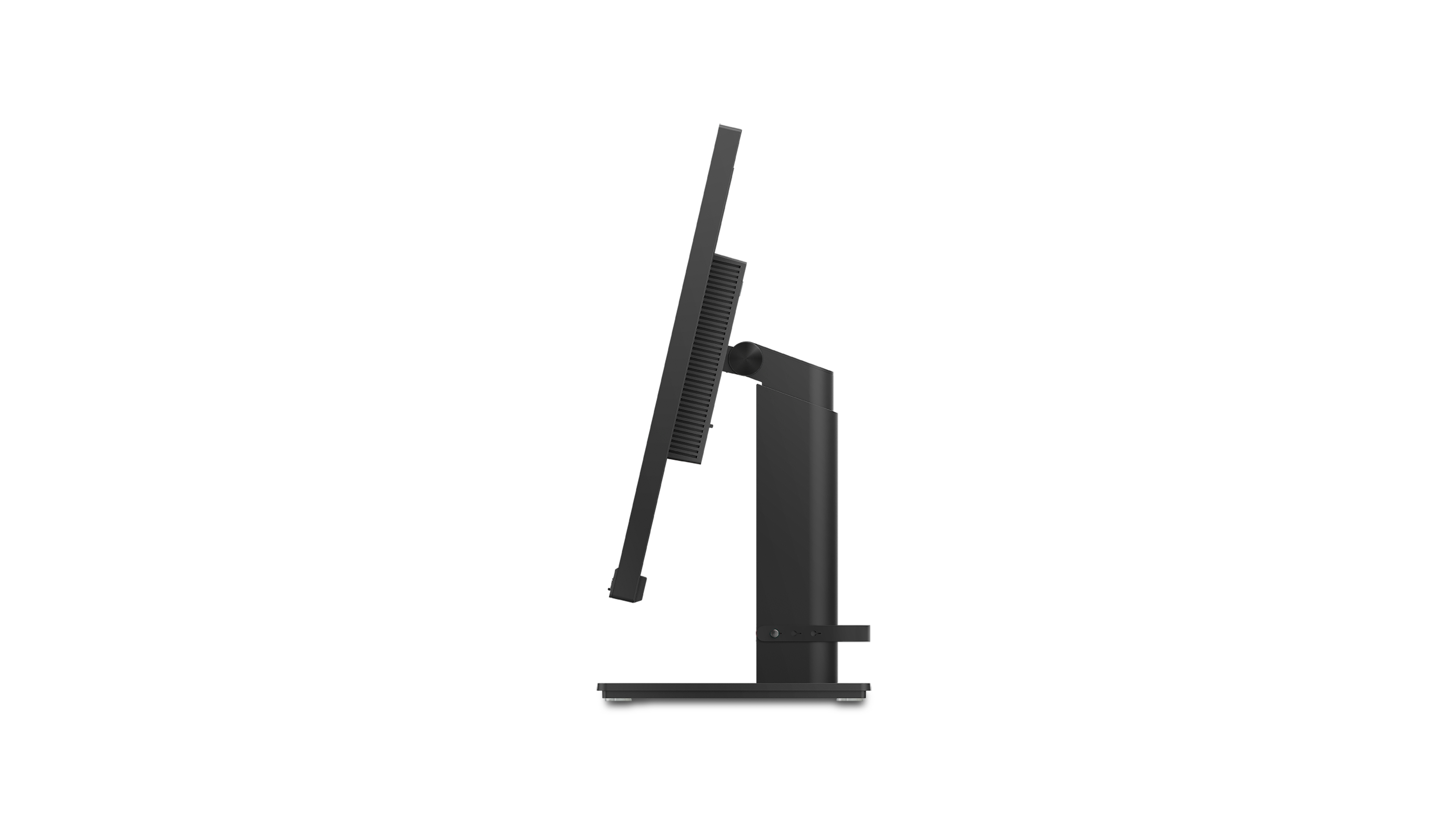 A side view of a black computer monitor on a stand. The screen is angled slightly.