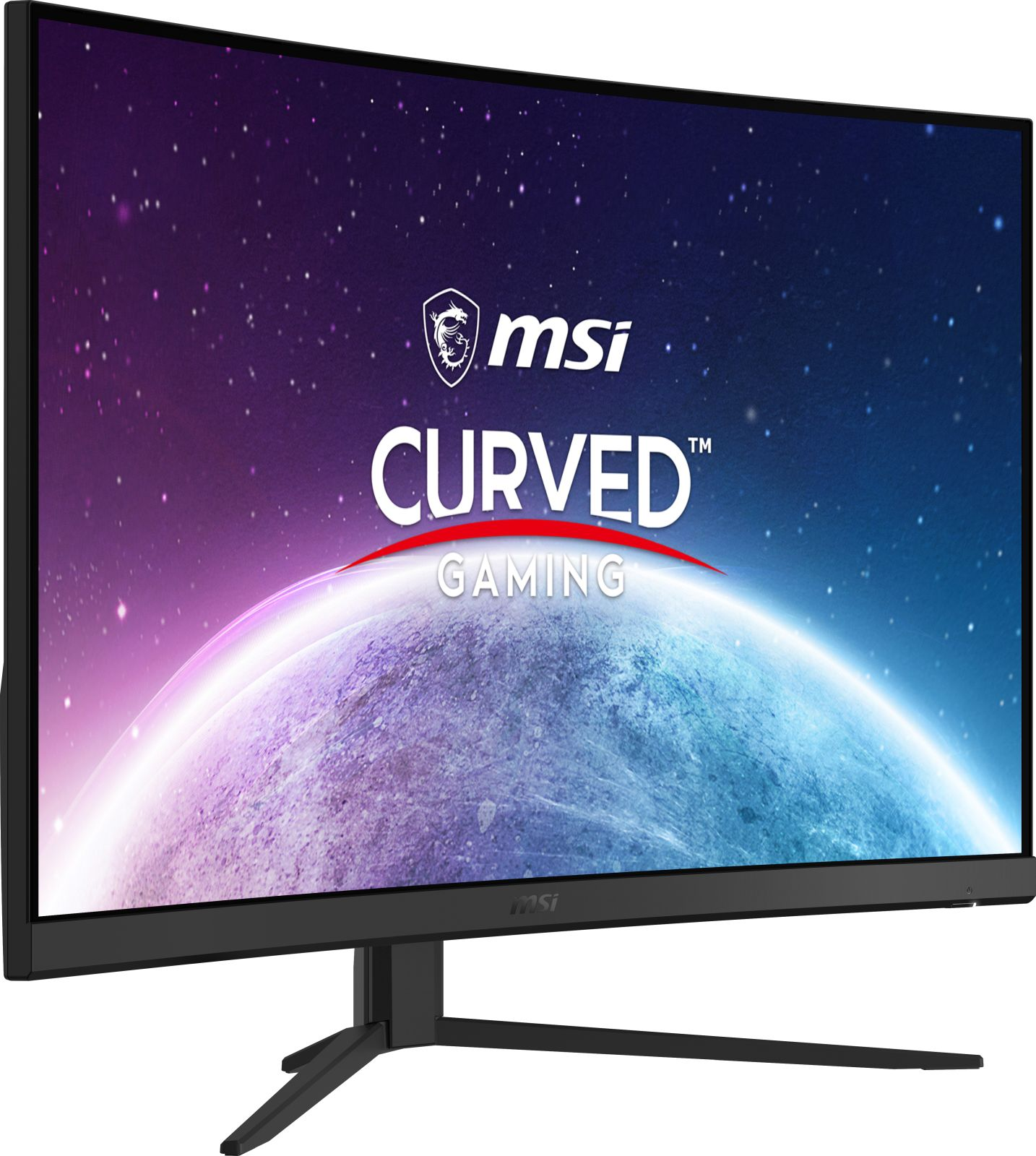 Monitor gaming curvo nero. Logo MSI, testo Curved Gaming. Schermo mostra spazio e pianeti.