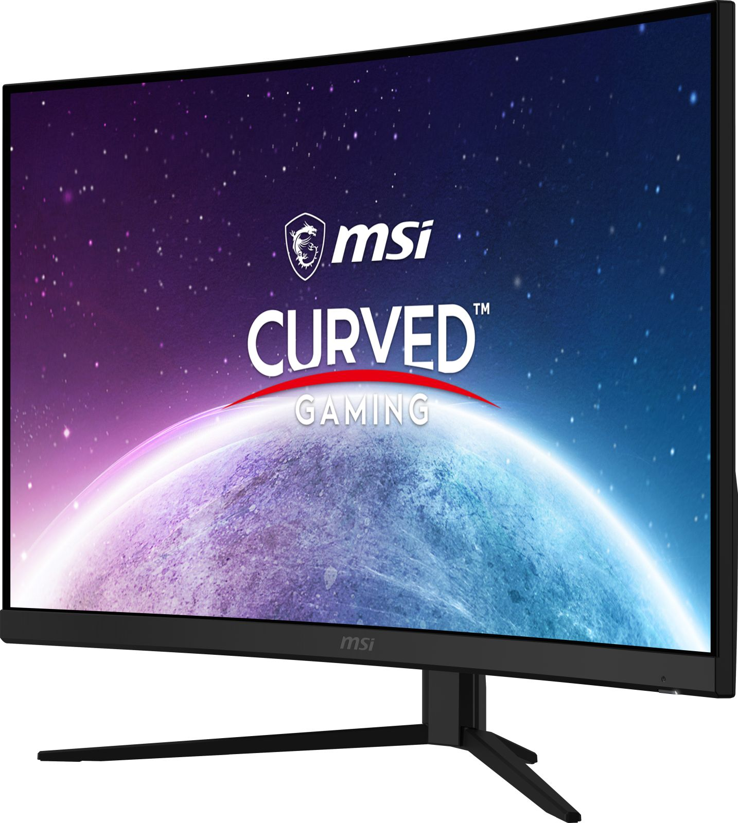 Monitor curvo gaming. Logo MSI e testo gaming curvo sullo schermo. Cornice nera.