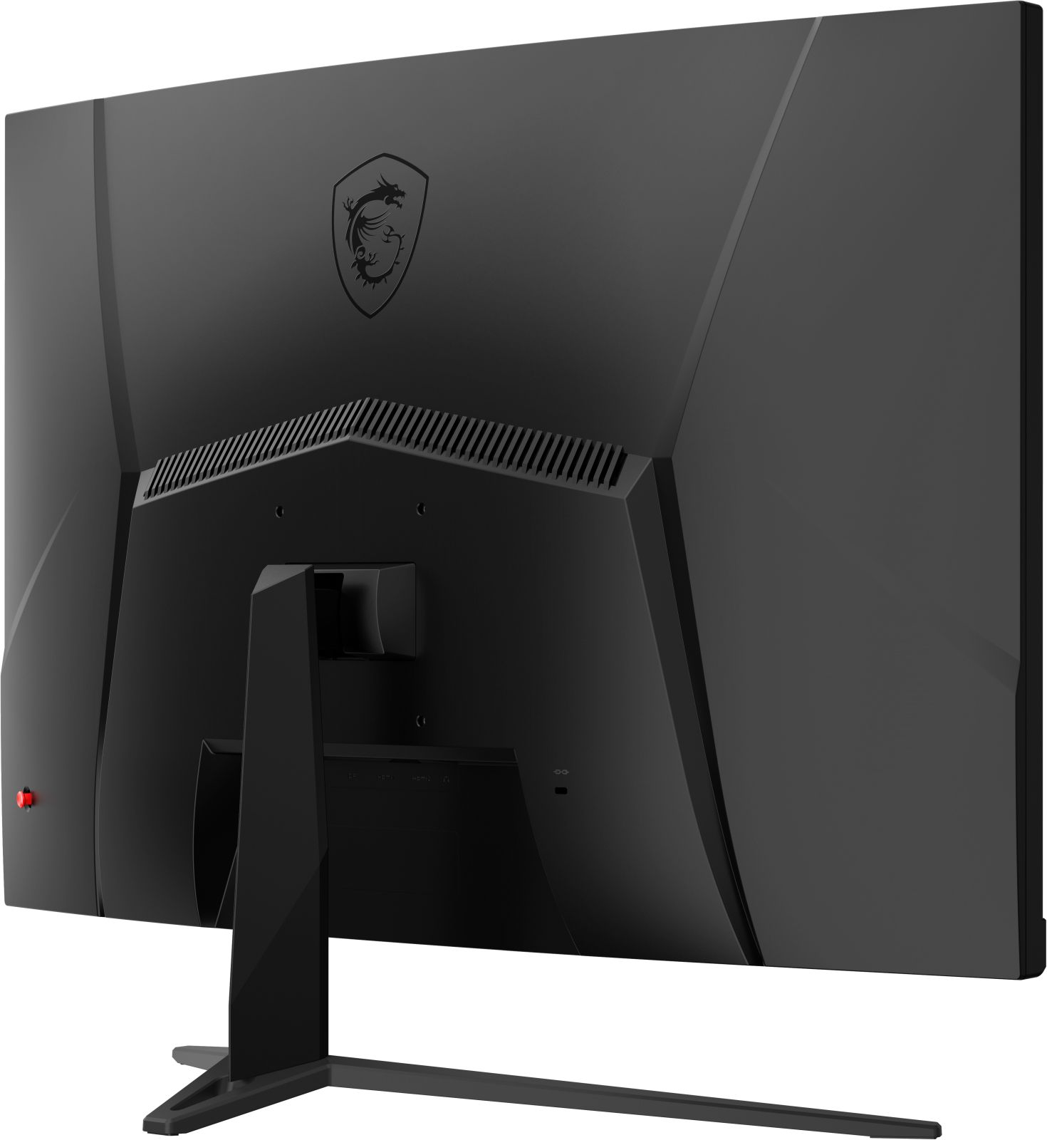 Il retro di un monitor nero con logo, prese d'aria e porte. Supporto attaccato.