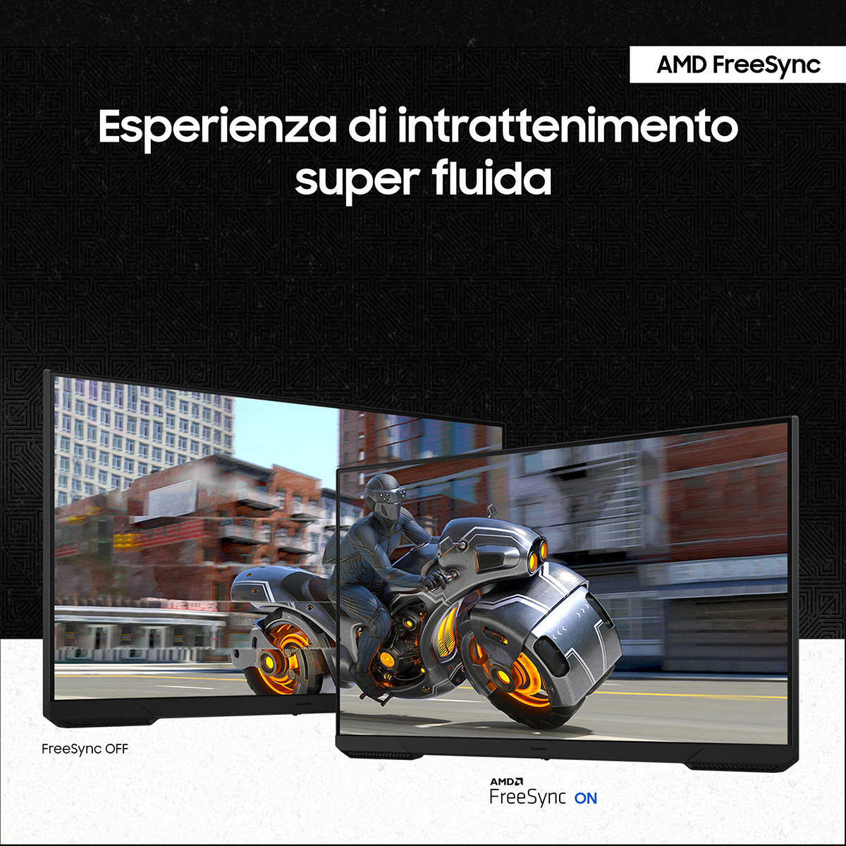 Dwa ekrany pokazują scenę z motocyklem. Jeden pokazuje AMD FreeSync OFF, drugi AMD FreeSync ON.