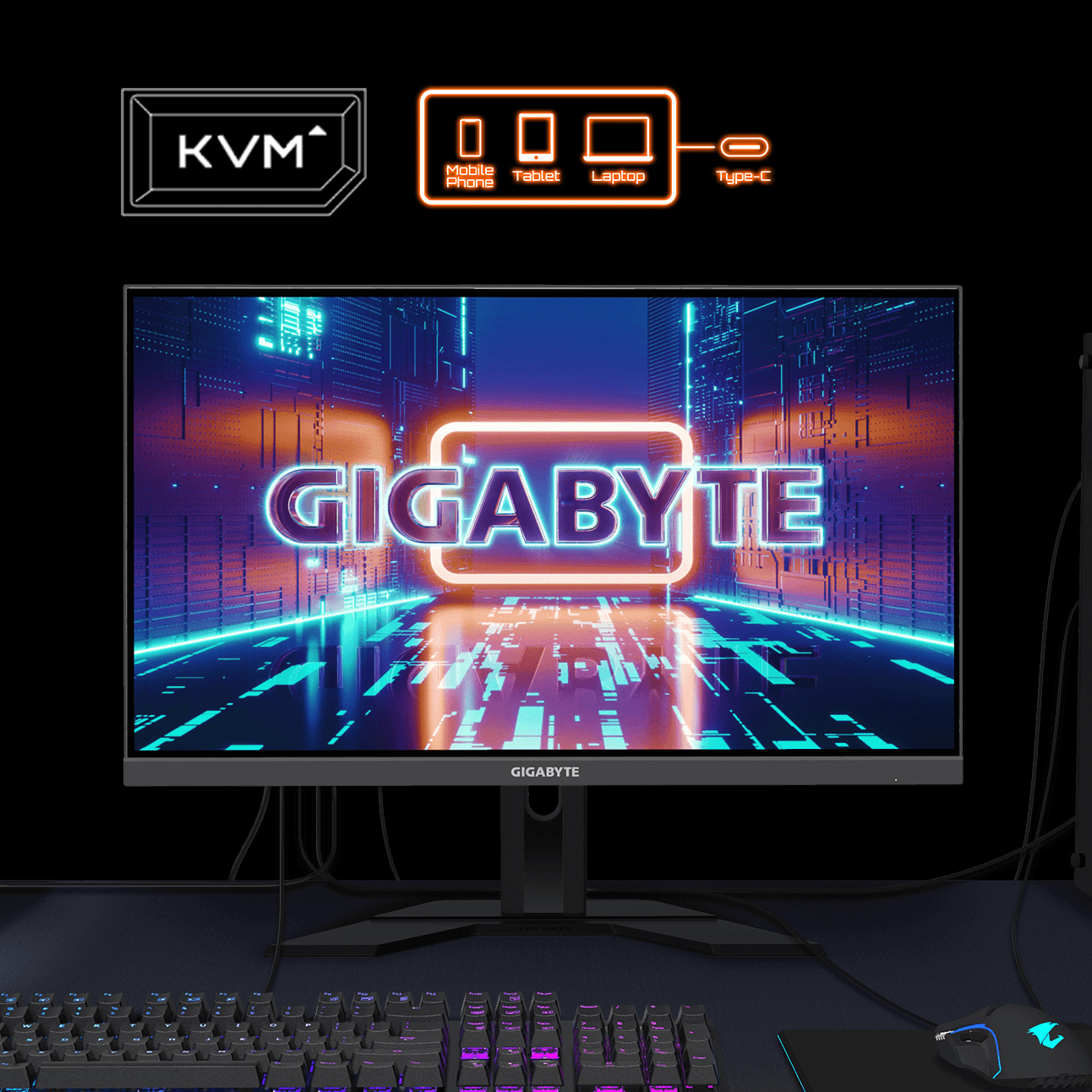 Monitor Gigabyte z KVM, ikonami telefonu komórkowego, tabletu i laptopa oraz portem Type-C. Wyświetla logo Gigabyte.