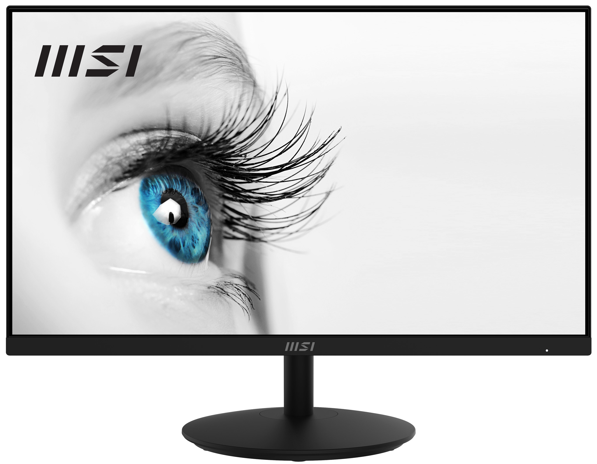 Monitor zeigt Nahaufnahme eines blauen Auges mit langen Wimpern. Der Hintergrund ist weiß.
