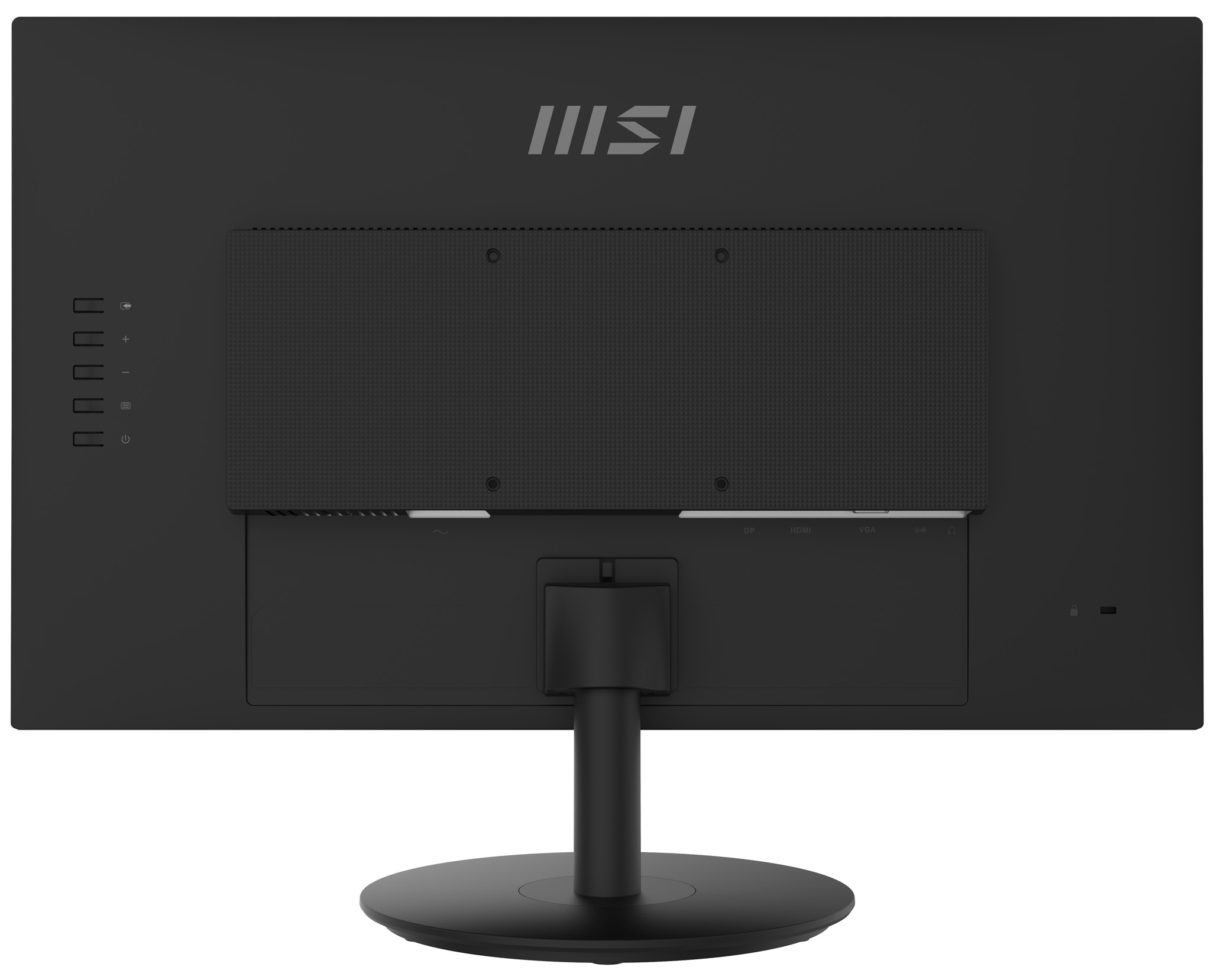 Rückansicht eines schwarzen Computermonitors mit Anschlüssen, Ständer und dem 'MSI'-Logo.