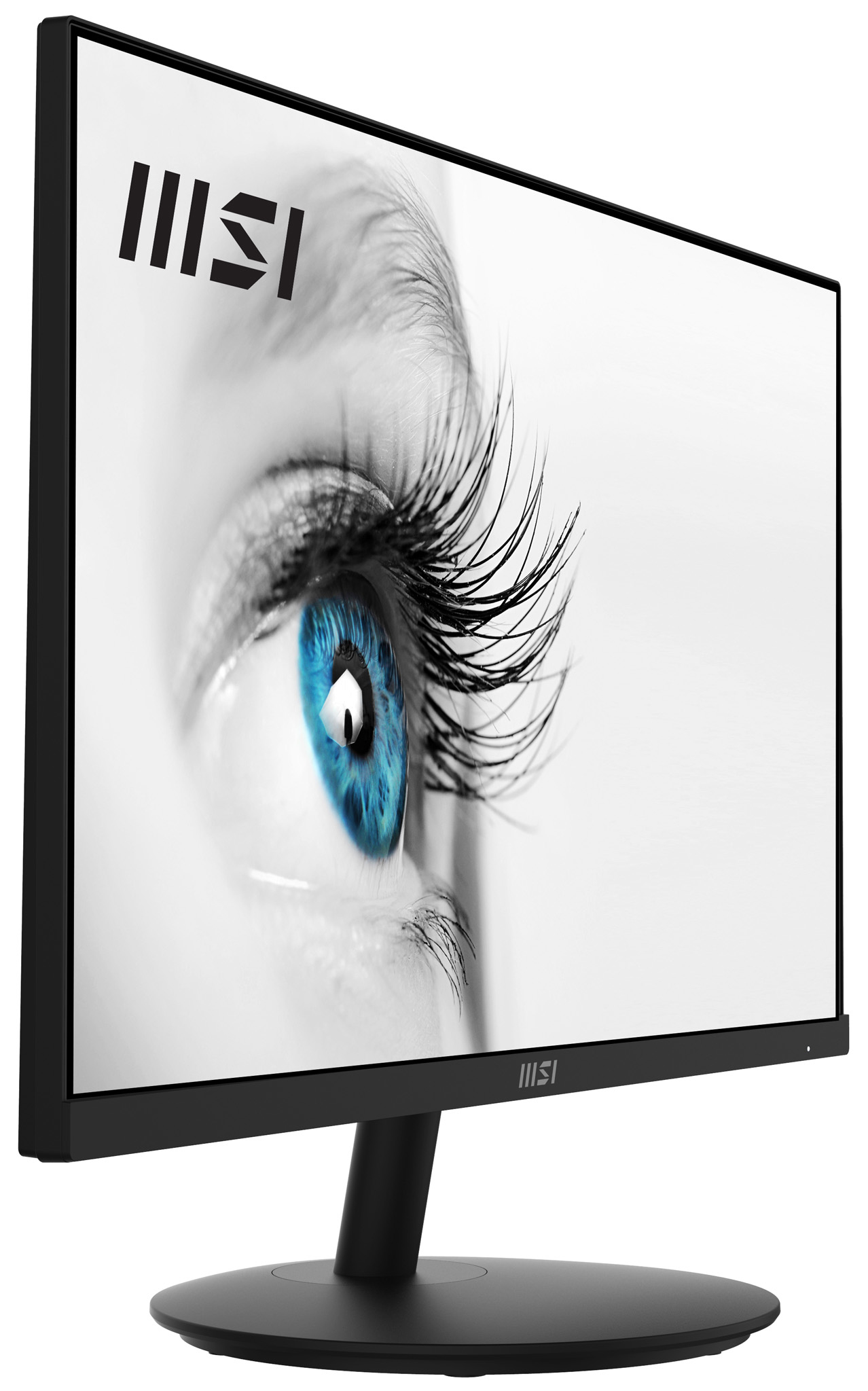 MSI-Monitor, der eine Nahaufnahme eines blauen Auges mit langen Wimpern zeigt.