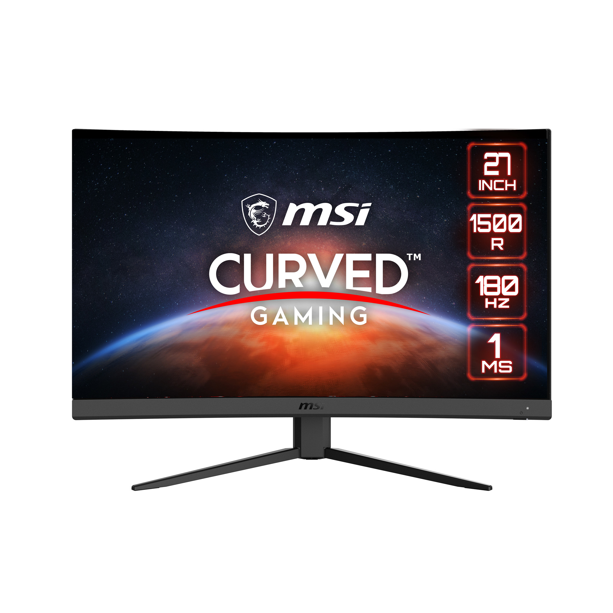 Monitor curvo gaming MSI, cornice nera, mostra una grafica spaziale.