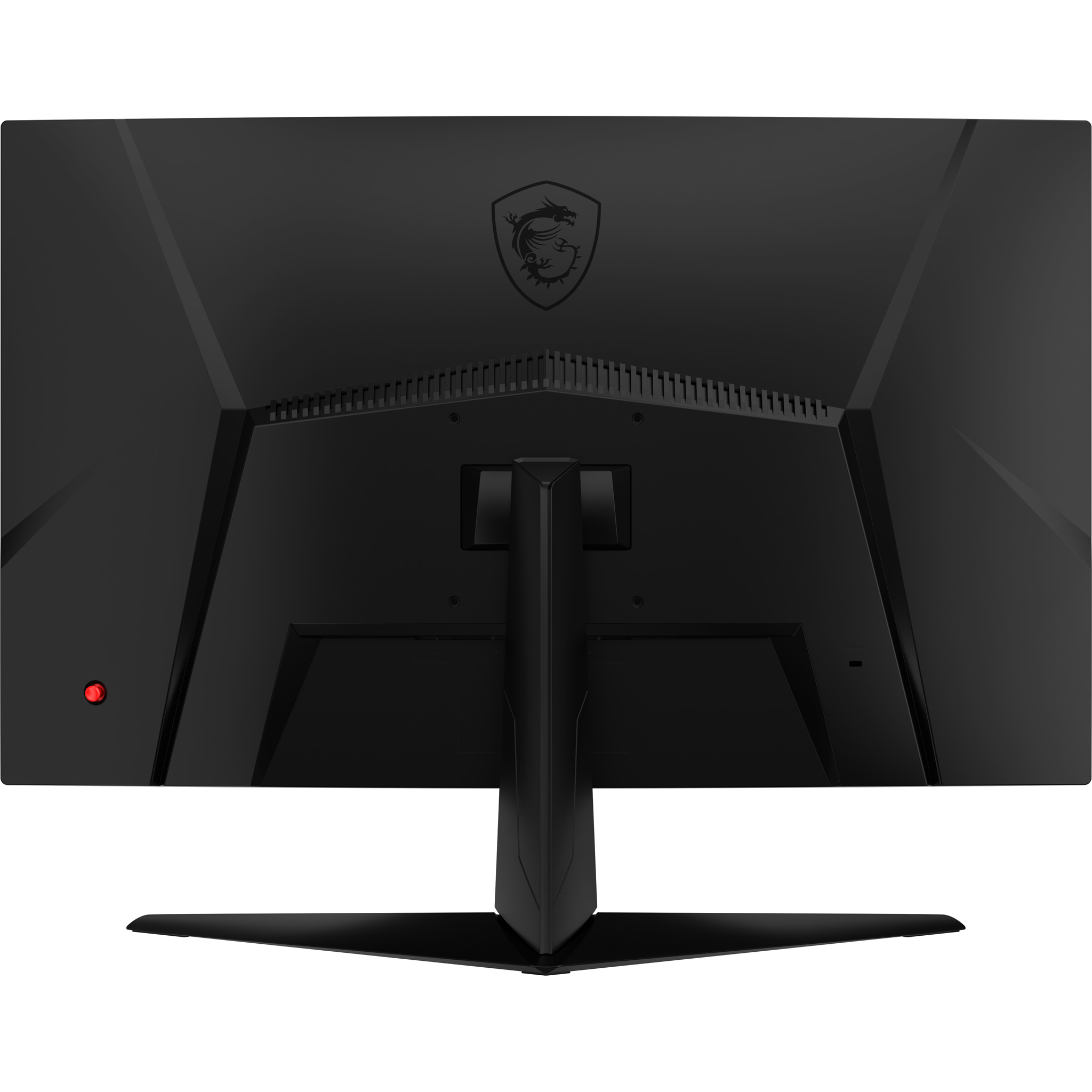 Vista posteriore di un monitor MSI nero con logo del drago, con una luce rossa e un supporto nero.