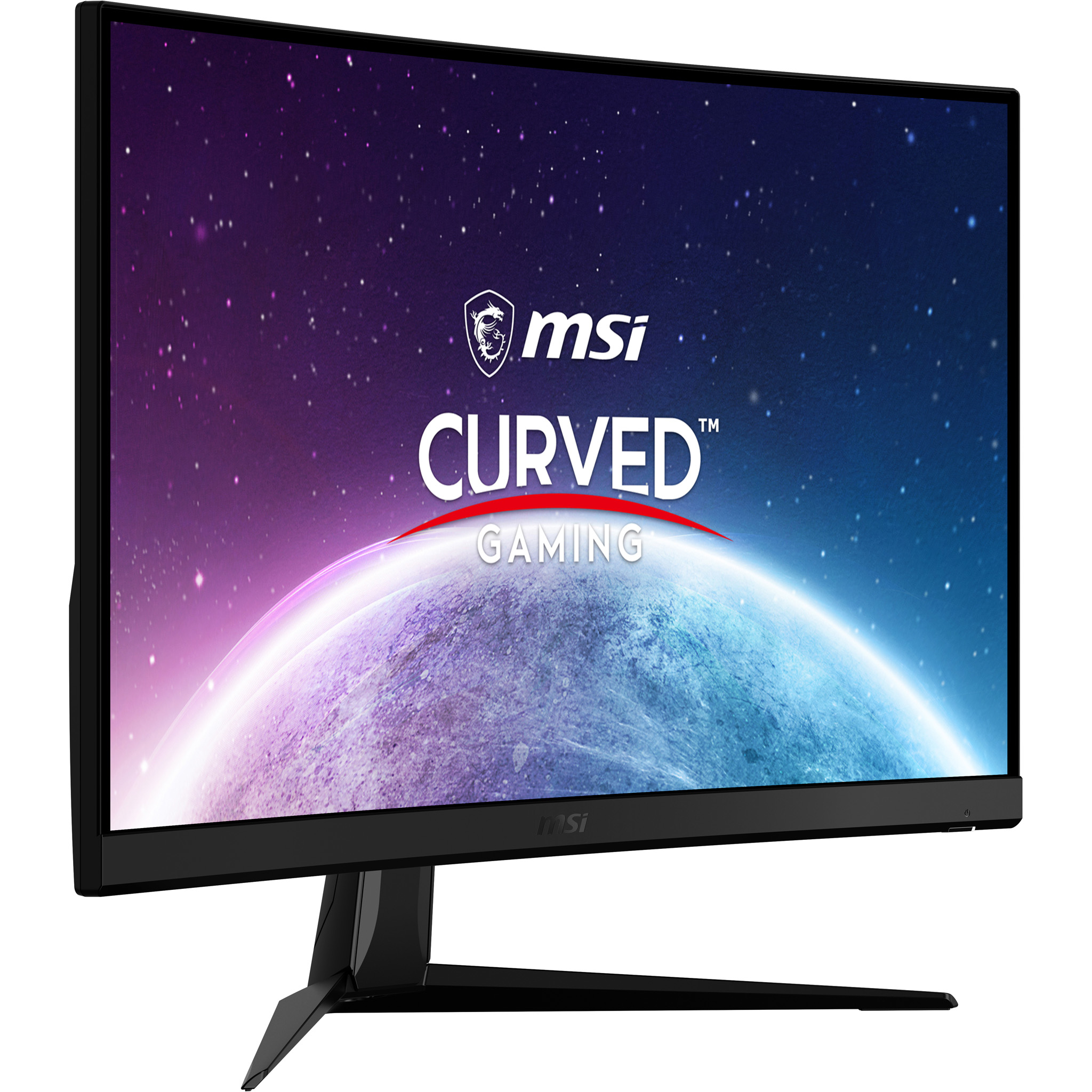 Un monitor da gioco MSI curvo mostra un'immagine a tema spaziale con testo: CURVED GAMING.
