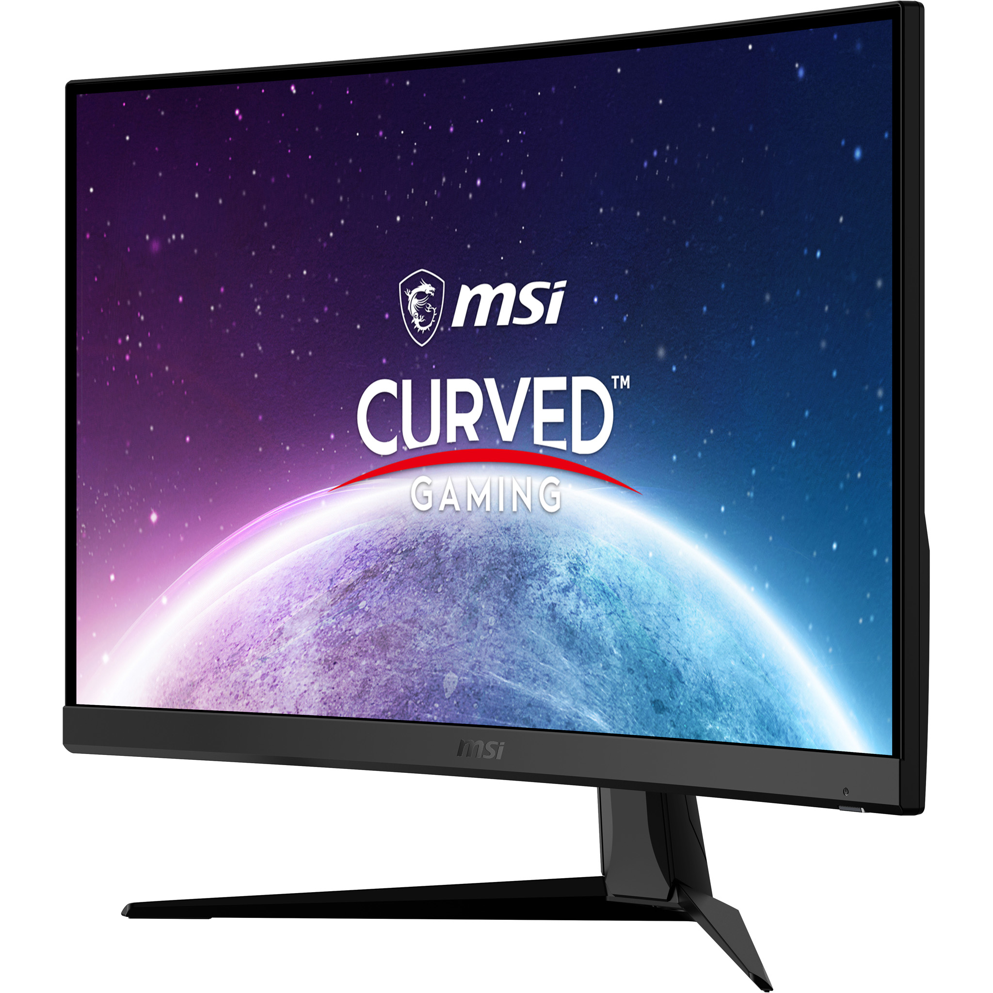 Un monitor curvo da gaming che mostra l'immagine di un pianeta e un cielo stellato con il logo MSI.