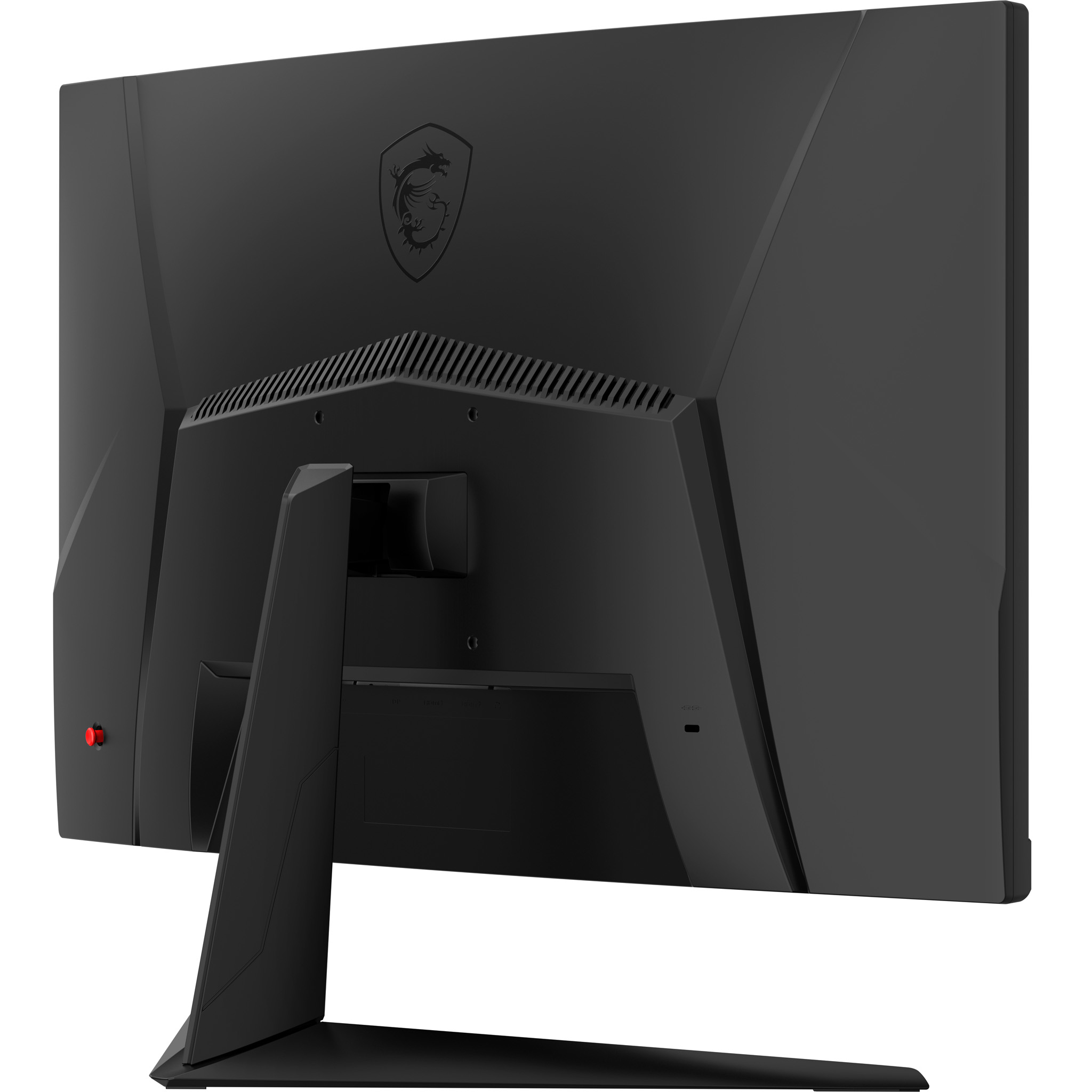 Il retro di un monitor MSI nero con pulsante di accensione rosso e supporto.