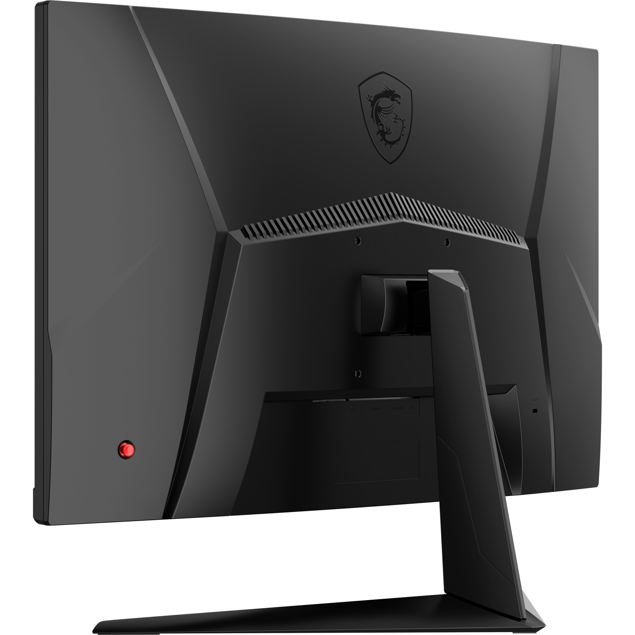 Vista posteriore di un monitor MSI nero con il logo e un indicatore di alimentazione rosso.