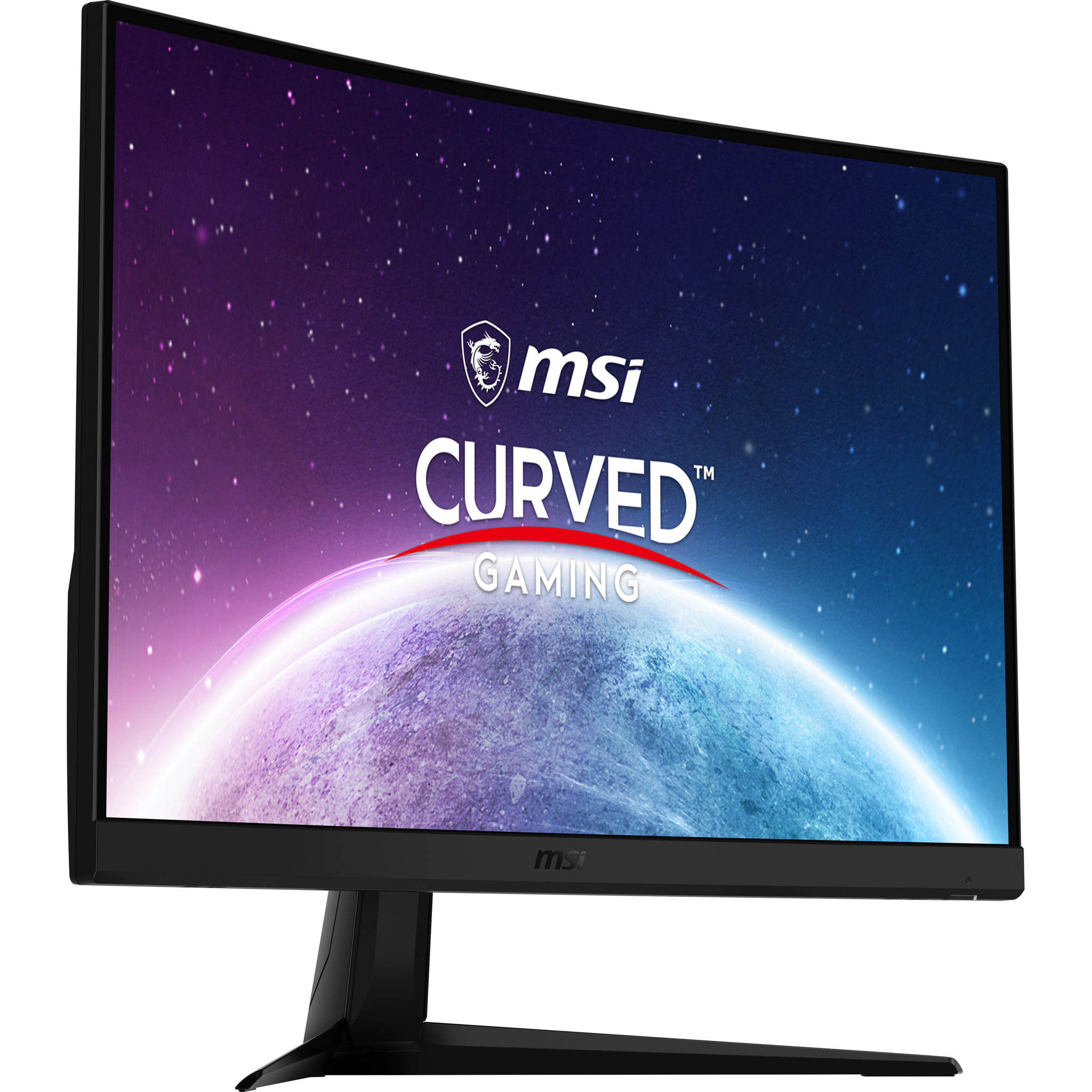 Un monitor curvo da gioco con il logo MSI e uno sfondo a tema spaziale.