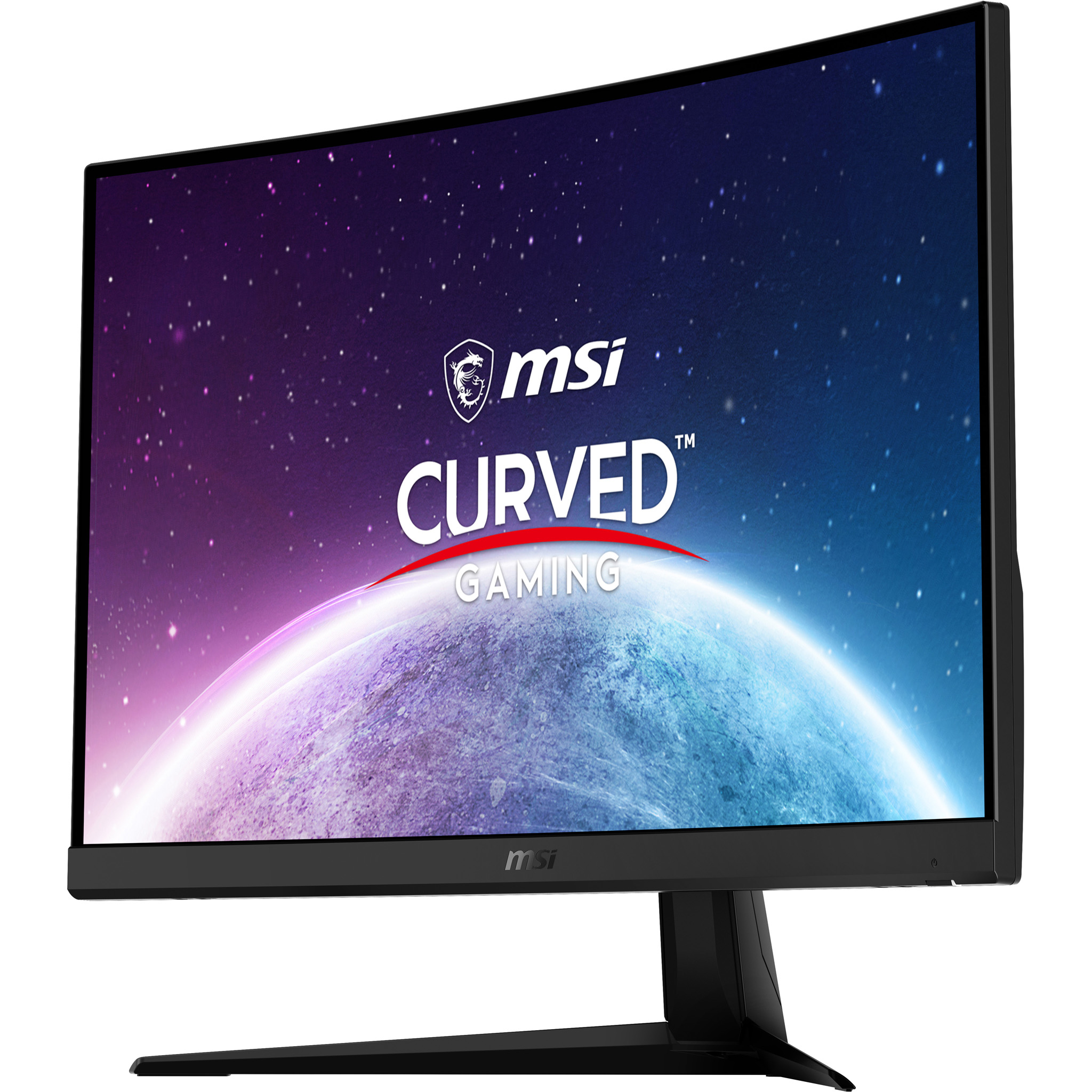 Un monitor MSI curvo mostra una scena spaziale con il logo MSI e testo gaming.