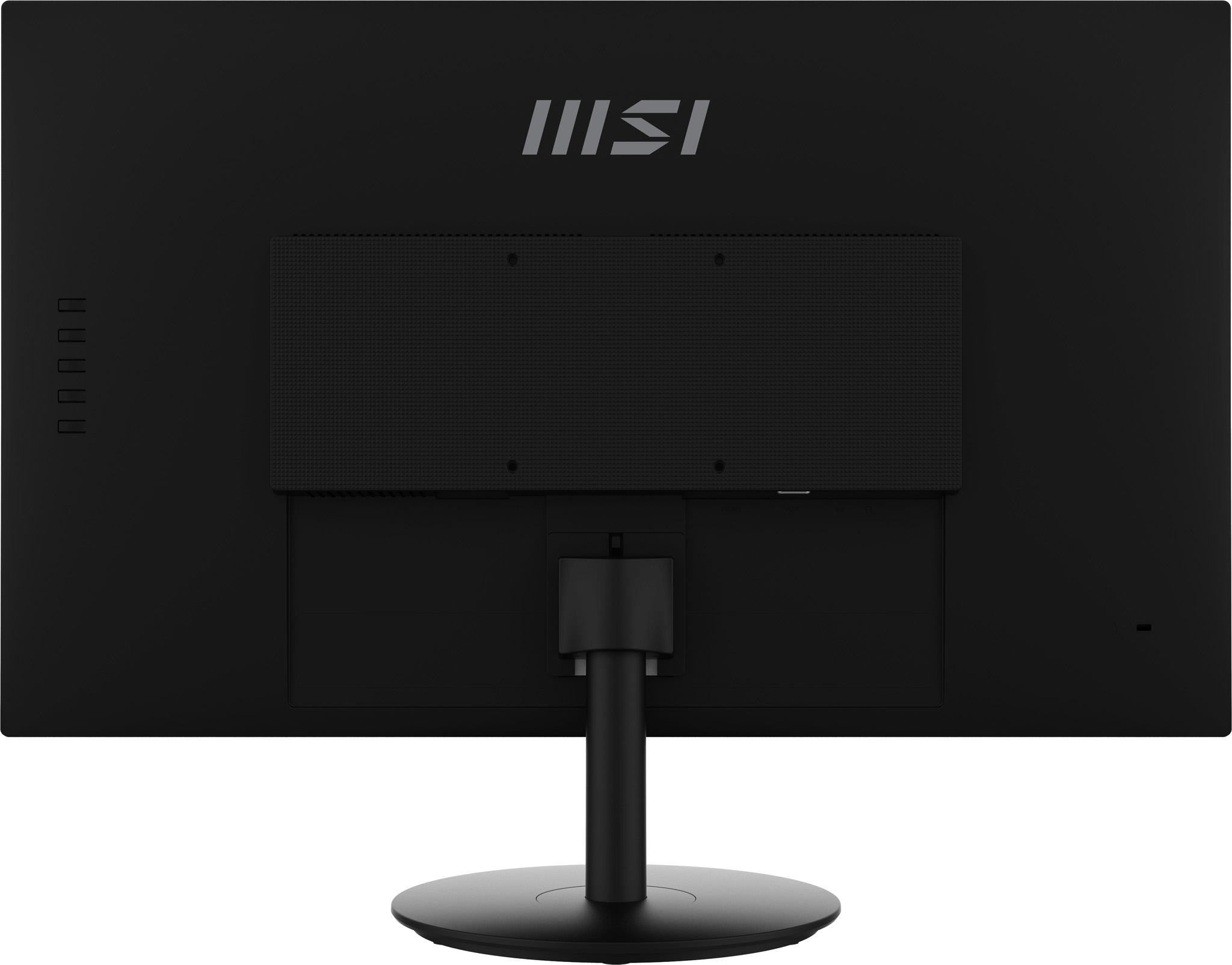 Vista posteriore di un monitor per computer nero. Ha un supporto e diverse porte.