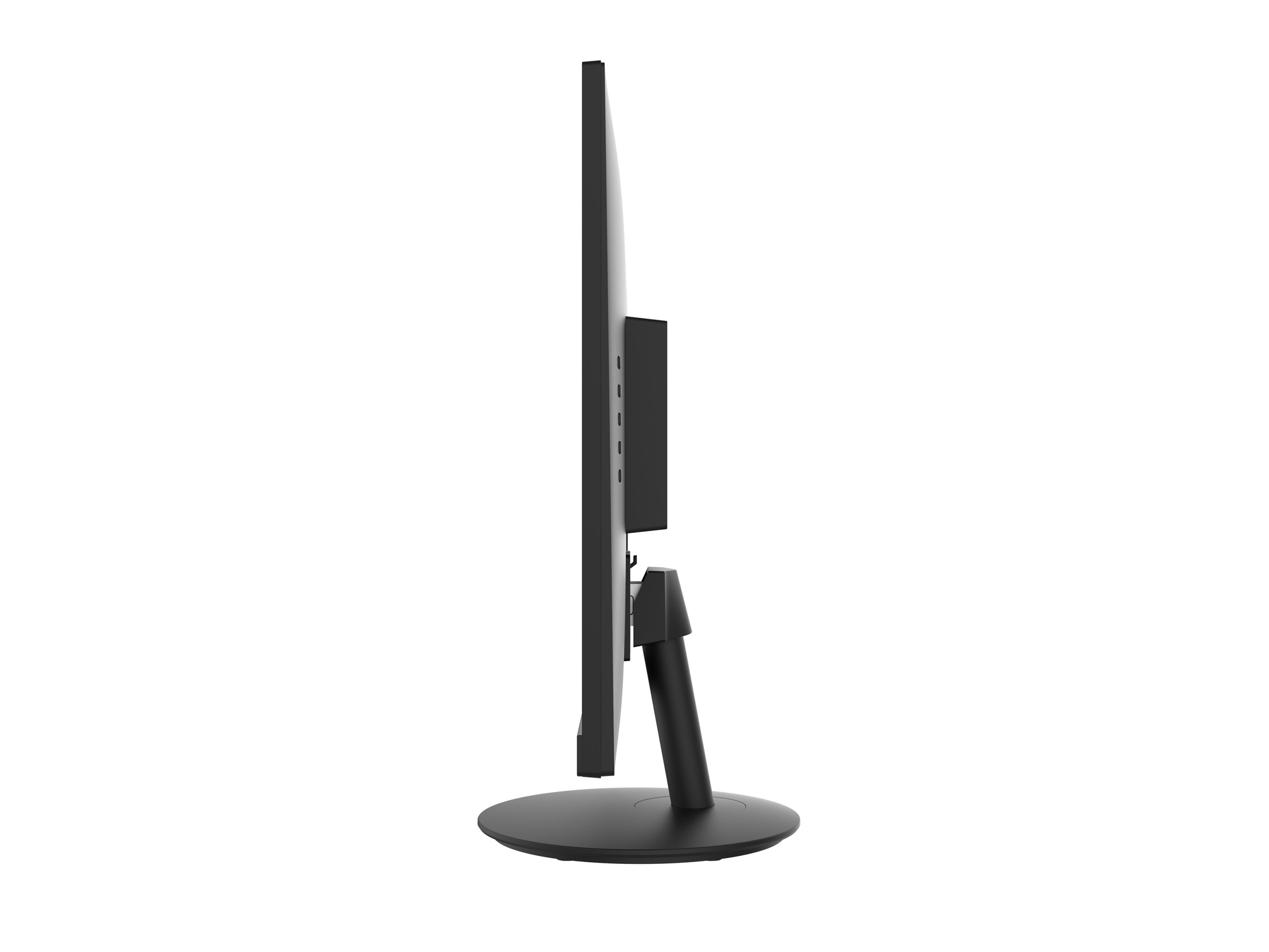 Vista laterale di un monitor nero. Ha un supporto e un profilo sottile.