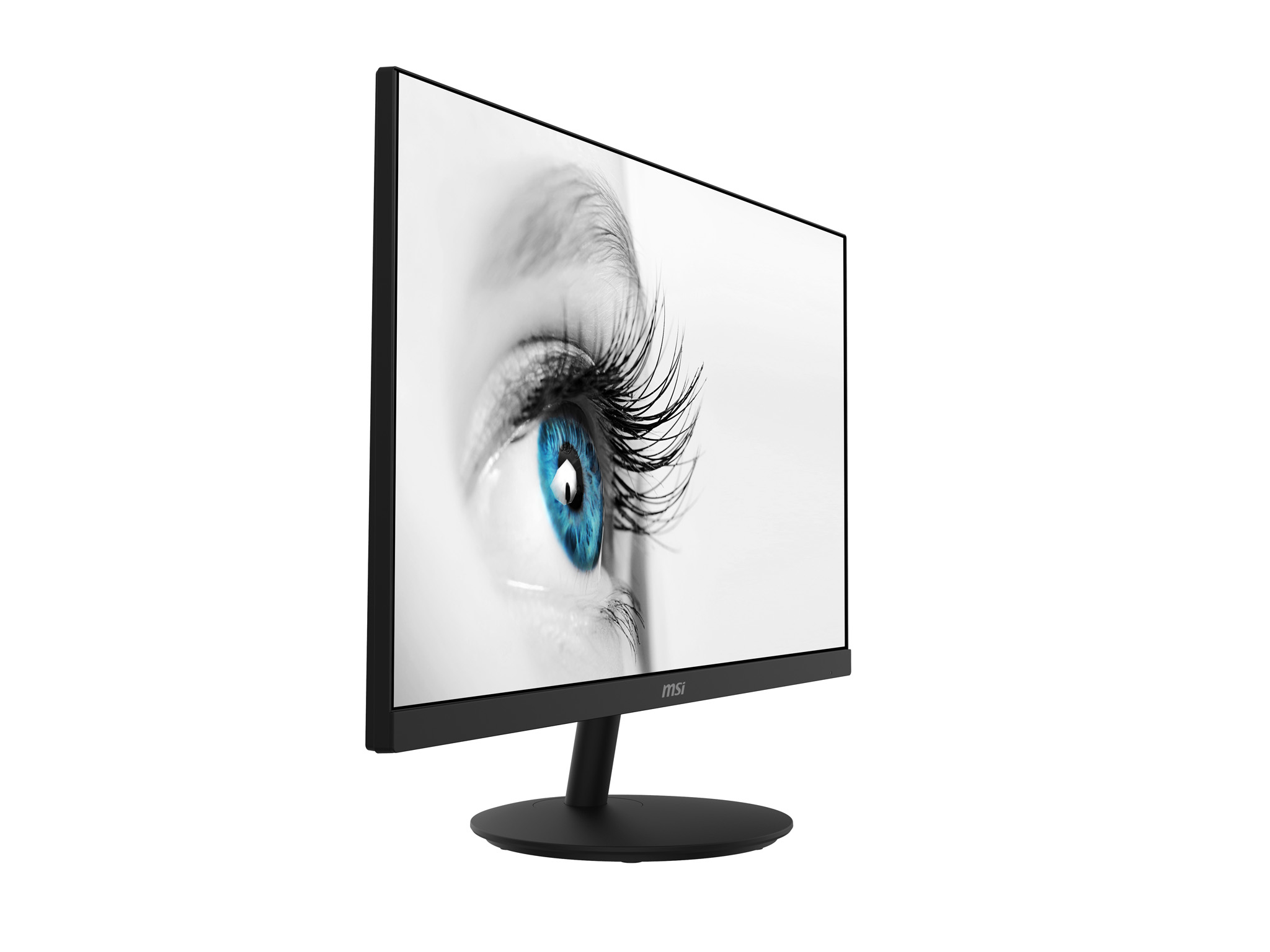 Monitor MSI con cornice nera, mostra un primo piano di un occhio blu. Il monitor è su un supporto nero.