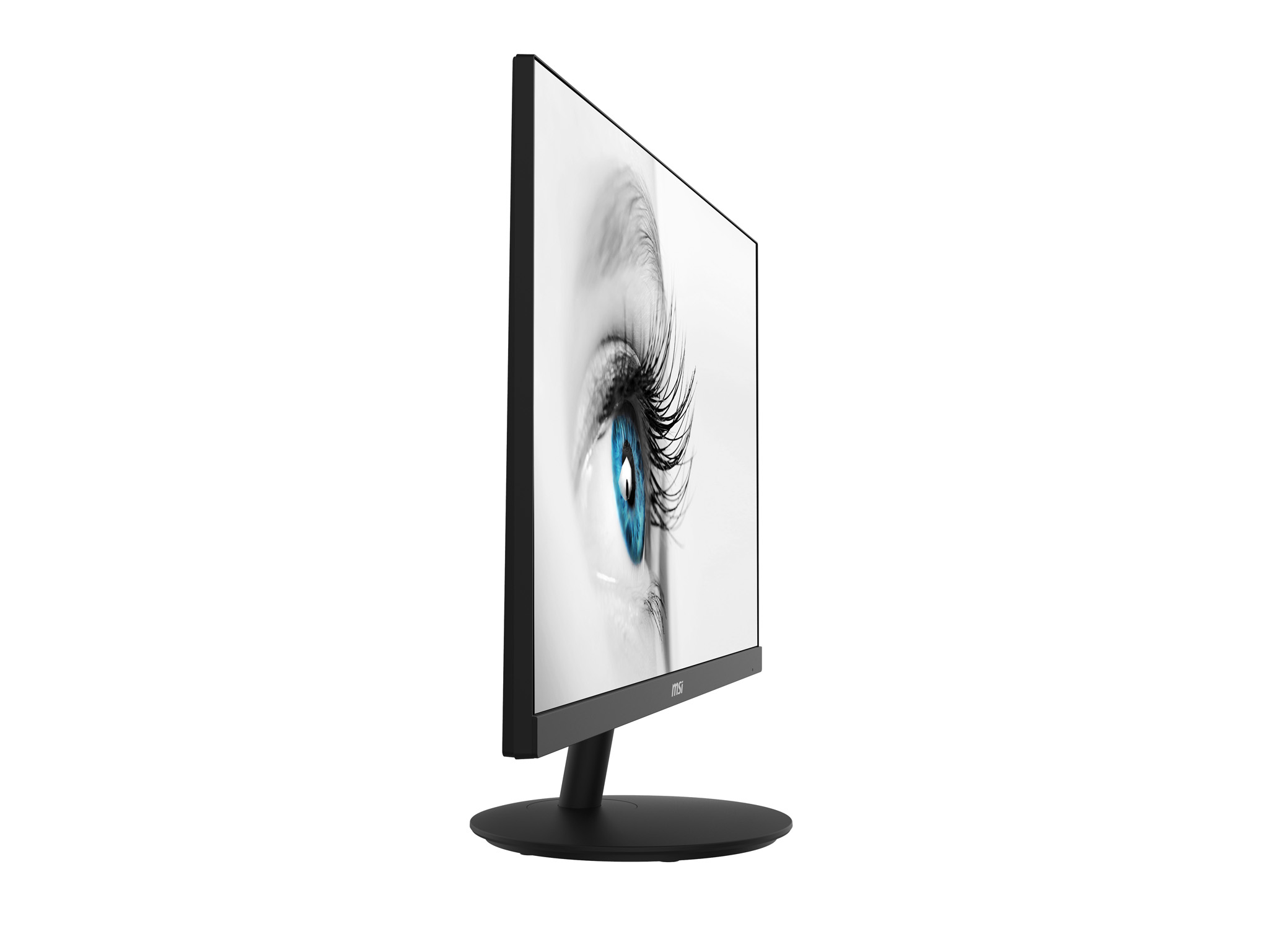 Un monitor con cornice nera sottile e sfondo bianco con un occhio.