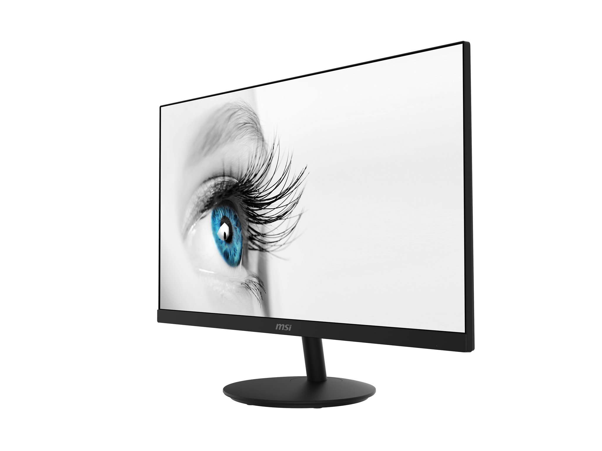 Un monitor di computer mostra un primo piano di un occhio blu con lunghe ciglia su sfondo bianco.